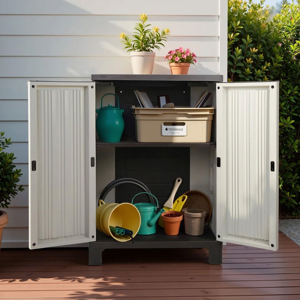 Outdoor Storage Cabinet Box 92cm Lockable Cupboard Sheds Garage Adjustable Beige - Home & Garden > Storage > Storage Cabinets & Lockers - Rivercity House & Home Co. (ABN 18 642 972 209) - Affordable Modern Furniture Australia