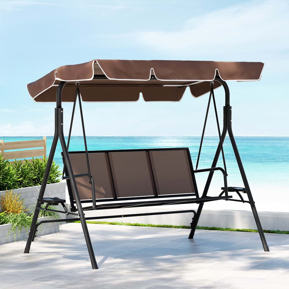 Outdoor Swing Chair Garden Chair Canopy Cup Holder 3 Seater Brown - Furniture > Outdoor > Outdoor Chairs - Rivercity House & Home Co. (ABN 18 642 972 209) - Affordable Modern Furniture Australia