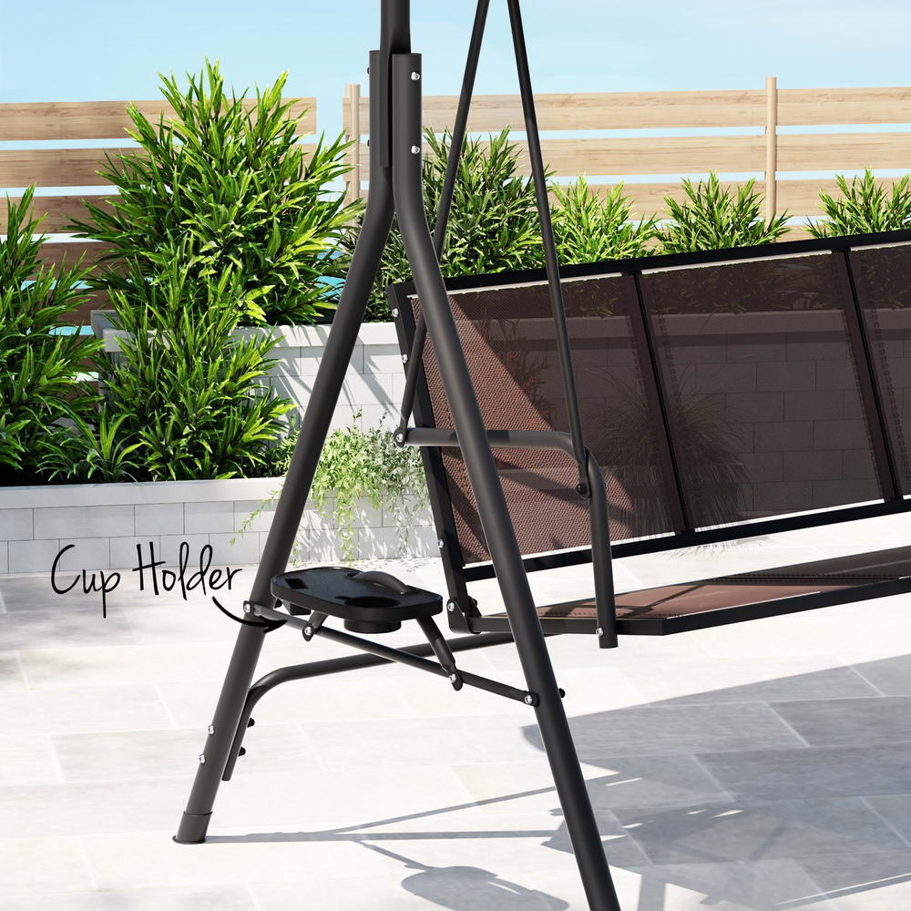 Outdoor Swing Chair Garden Chair Canopy Cup Holder 3 Seater Brown - Furniture > Outdoor > Outdoor Chairs - Rivercity House & Home Co. (ABN 18 642 972 209) - Affordable Modern Furniture Australia