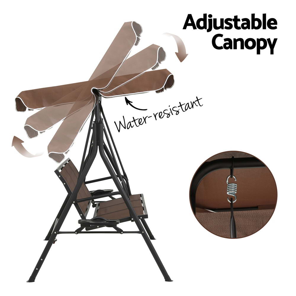 Outdoor Swing Chair Garden Chair Canopy Cup Holder 3 Seater Brown - Furniture > Outdoor > Outdoor Chairs - Rivercity House & Home Co. (ABN 18 642 972 209) - Affordable Modern Furniture Australia