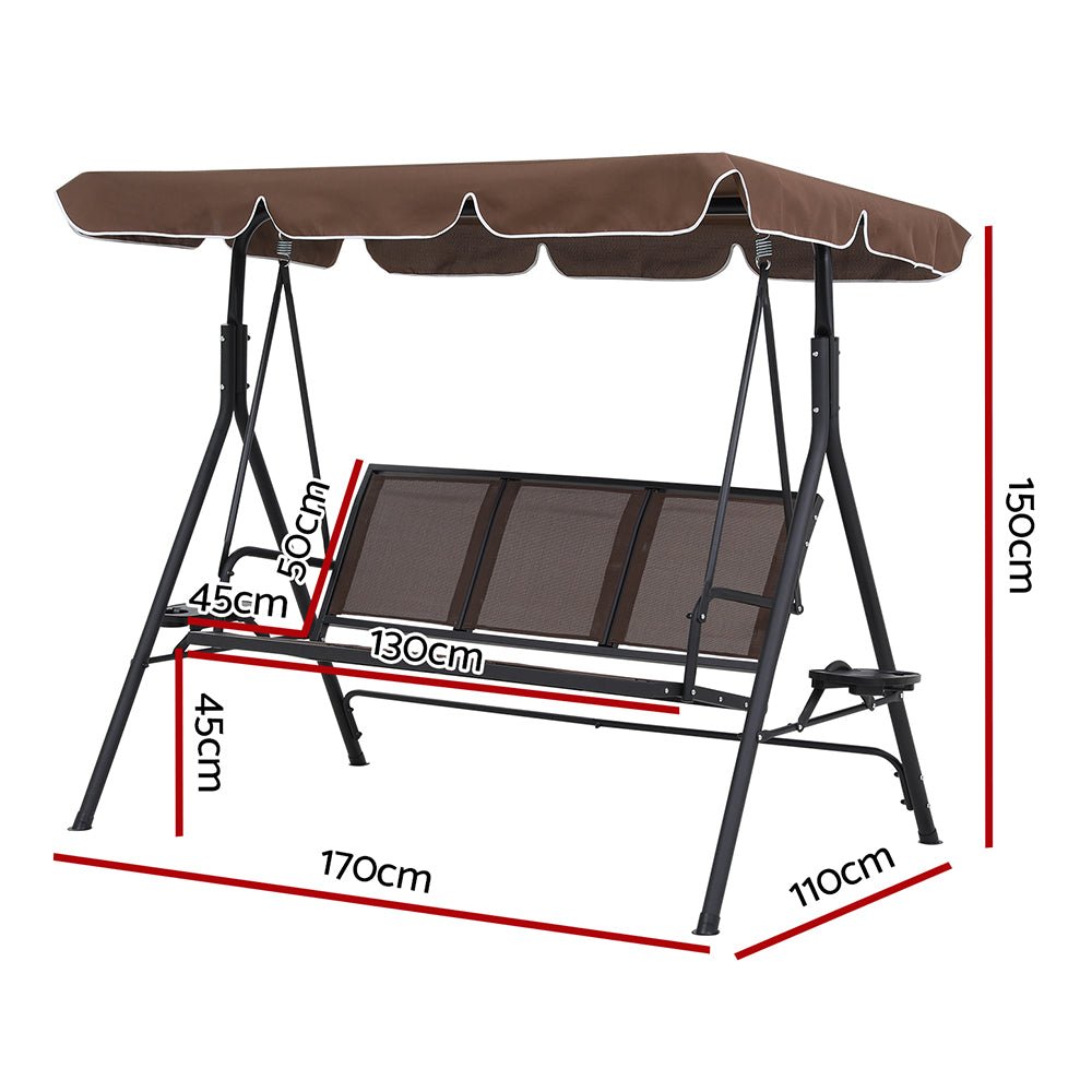 Outdoor Swing Chair Garden Chair Canopy Cup Holder 3 Seater Brown - Furniture > Outdoor > Outdoor Chairs - Rivercity House & Home Co. (ABN 18 642 972 209) - Affordable Modern Furniture Australia