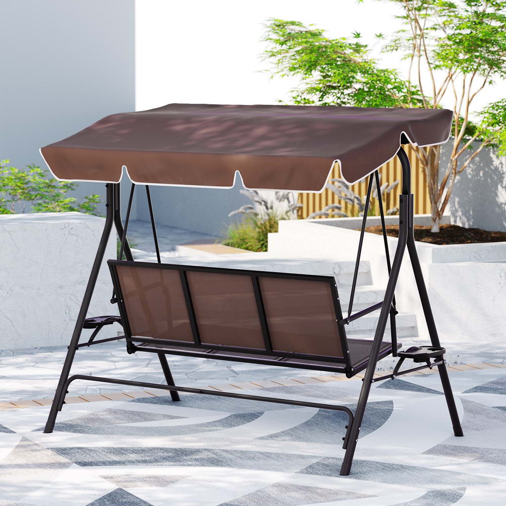 Outdoor Swing Chair Garden Chair Canopy Cup Holder 3 Seater Brown - Furniture > Outdoor > Outdoor Chairs - Rivercity House & Home Co. (ABN 18 642 972 209) - Affordable Modern Furniture Australia