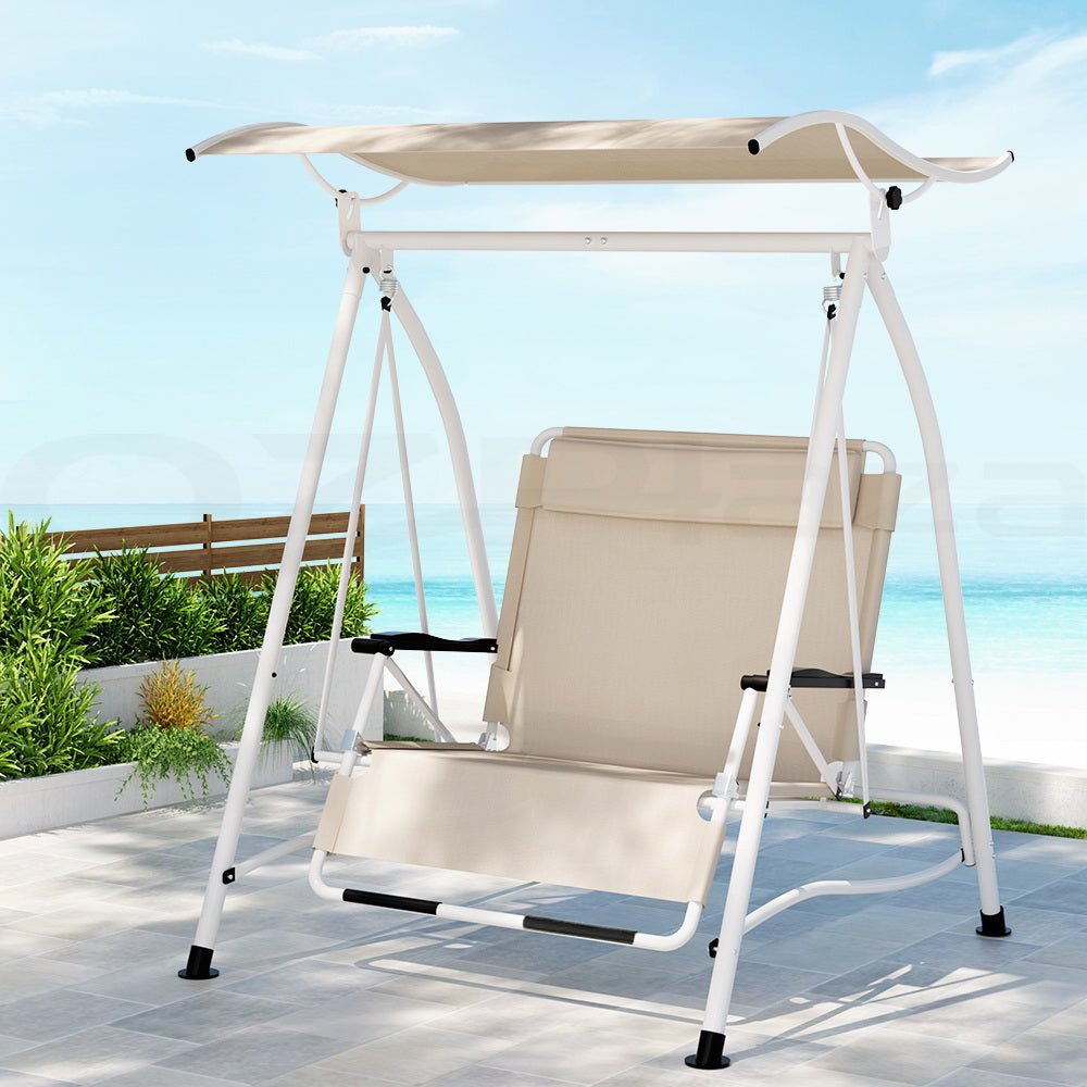 Outdoor Swing Chair Garden Lounger Furniture Canopy 2 Seater Beige - Furniture > Outdoor > Outdoor Chairs - Rivercity House & Home Co. (ABN 18 642 972 209) - Affordable Modern Furniture Australia