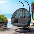Hanging Rattan Outdoor Swing Chair 2 Seater with Pod Stand and Cushion - Grey