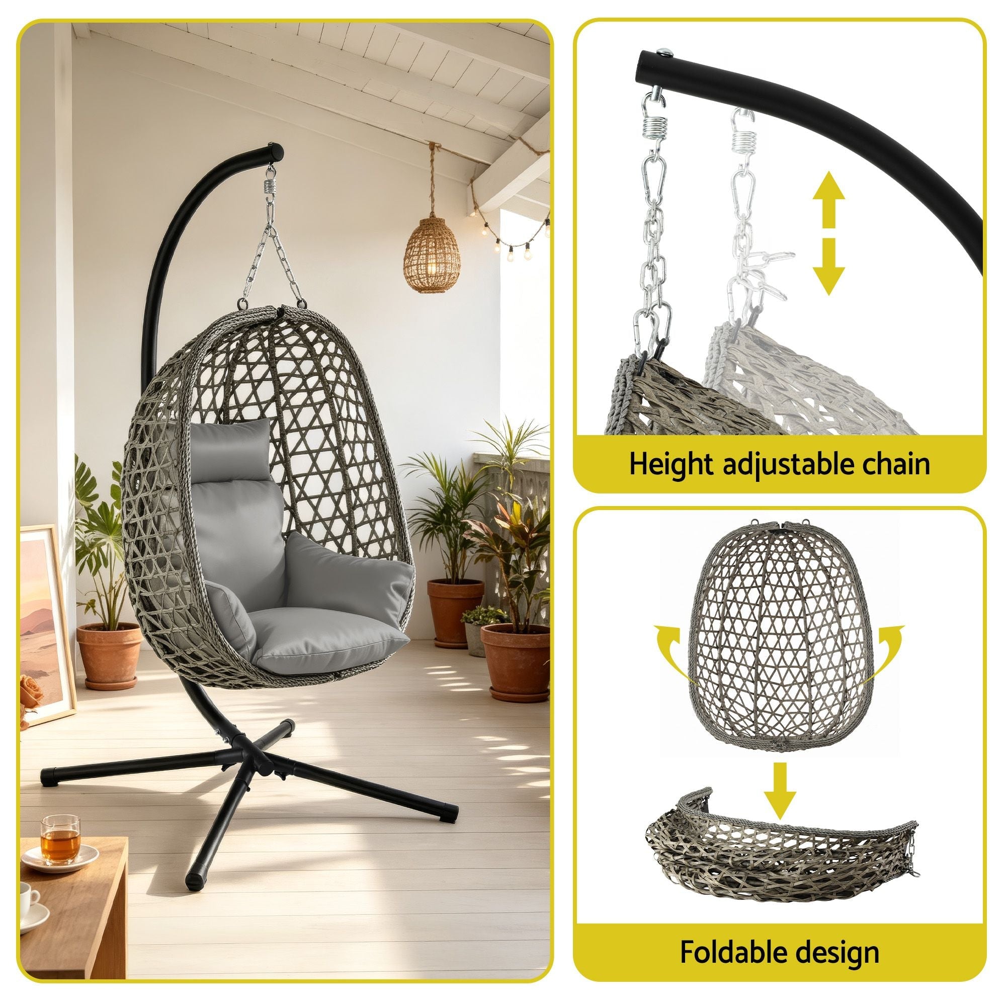 Outdoor Swing Chair with Stand and Cushion 102x192cm - Grey - Furniture > Outdoor > Outdoor Chairs - Rivercity House & Home Co. (ABN 18 642 972 209) - Affordable Modern Furniture Australia