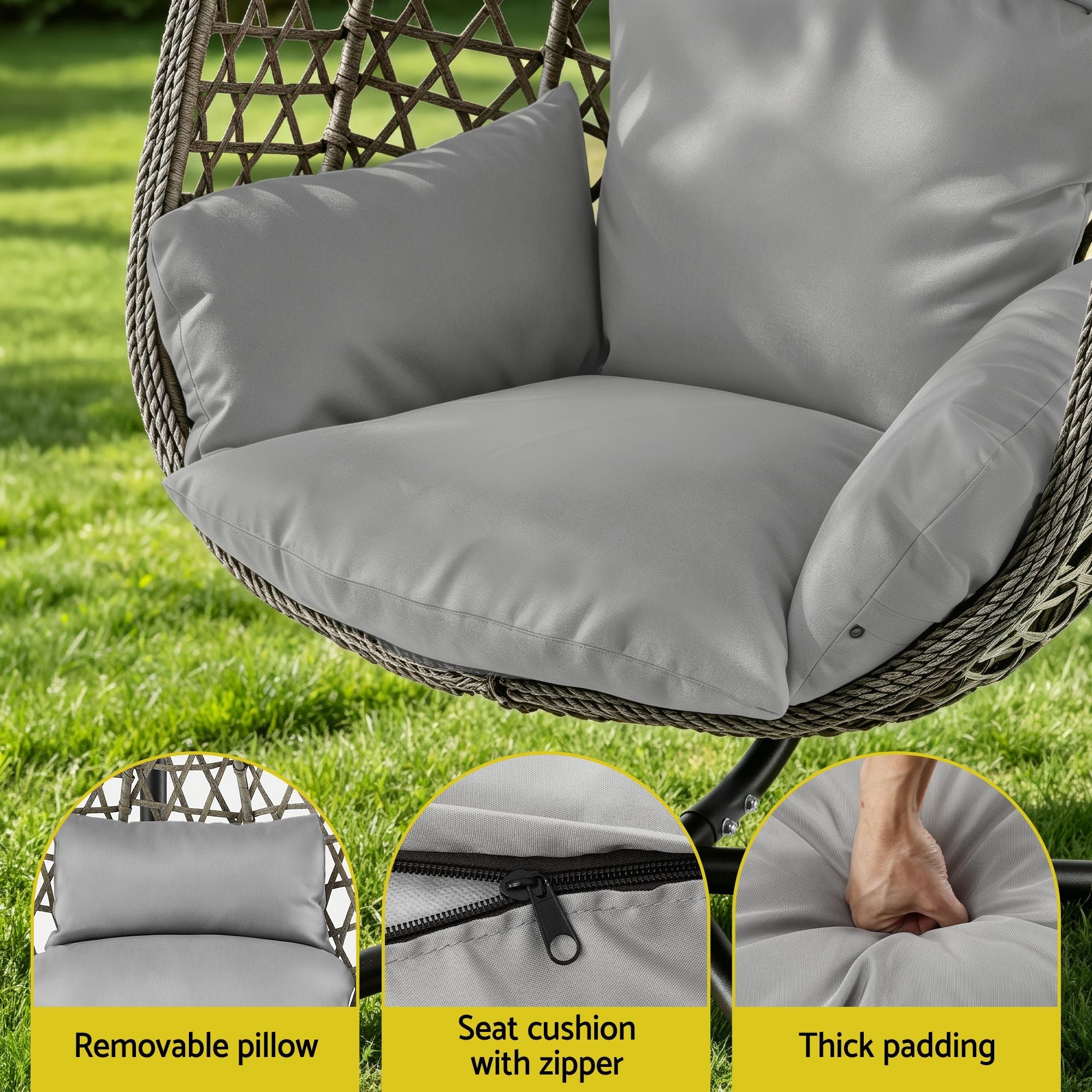 Outdoor Swing Chair with Stand and Cushion 102x192cm - Grey - Furniture > Outdoor > Outdoor Chairs - Rivercity House & Home Co. (ABN 18 642 972 209) - Affordable Modern Furniture Australia