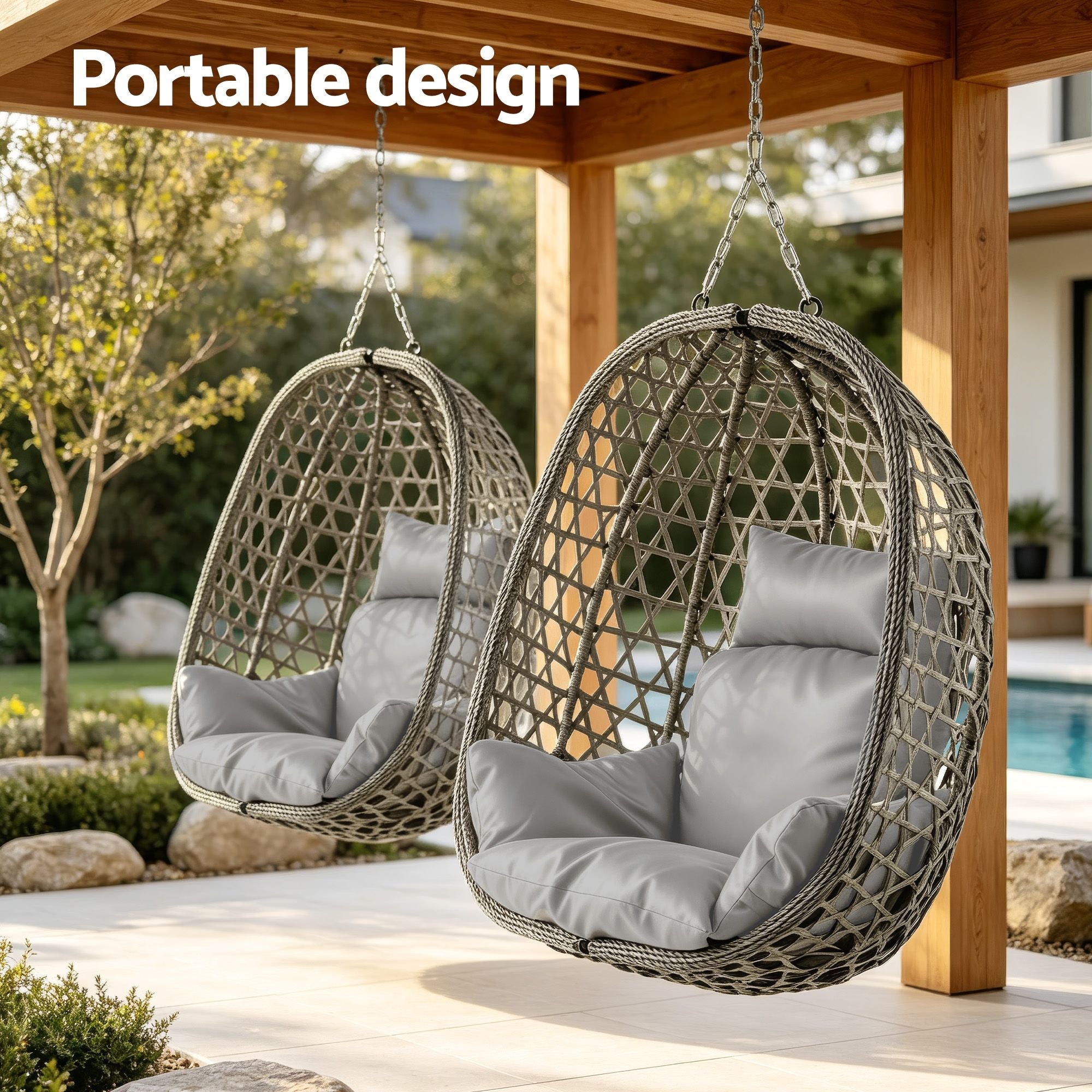 Outdoor Swing Chair with Stand and Cushion 102x192cm - Grey - Furniture > Outdoor > Outdoor Chairs - Rivercity House & Home Co. (ABN 18 642 972 209) - Affordable Modern Furniture Australia