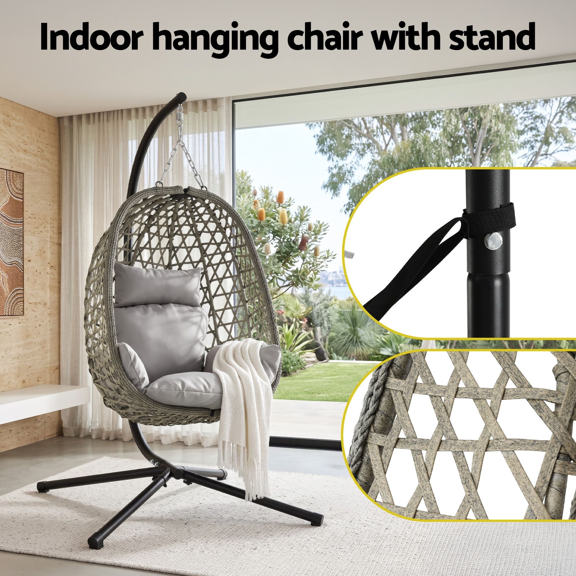 Outdoor Swing Chair with Stand and Cushion 102x192cm - Grey - Furniture > Outdoor > Outdoor Chairs - Rivercity House & Home Co. (ABN 18 642 972 209) - Affordable Modern Furniture Australia