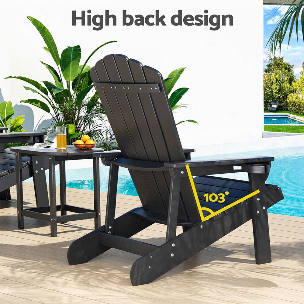 Outdoor Table and Chairs HDPE Adirondack Beach Chair Sun Lounge Patio Furniture Garden Black - Furniture > Outdoor > Outdoor Chairs - Rivercity House & Home Co. (ABN 18 642 972 209) - Affordable Modern Furniture Australia