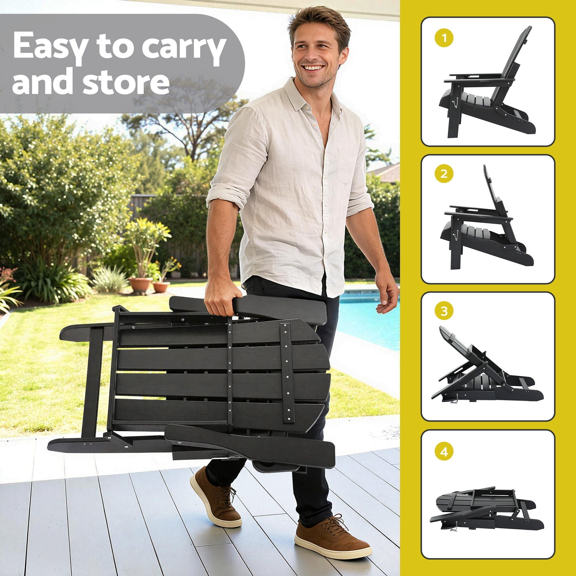 Outdoor Table and Chairs HDPE Folding Adirondack Beach Chair Patio Furniture Black - Furniture > Outdoor > Outdoor Chairs - Rivercity House & Home Co. (ABN 18 642 972 209) - Affordable Modern Furniture Australia