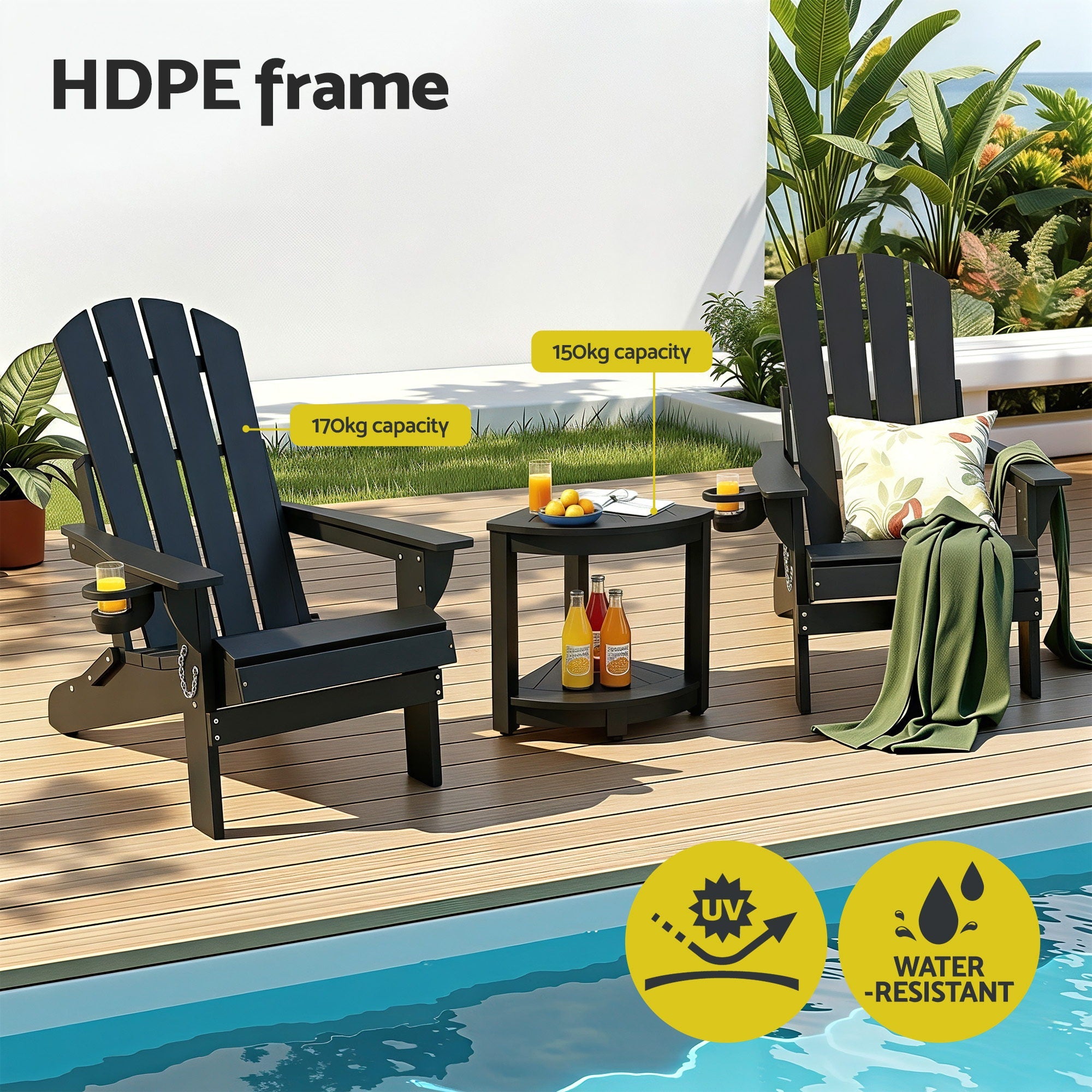 Outdoor Table and Chairs HDPE Folding Adirondack Beach Chair Patio Furniture Black - Furniture > Outdoor > Outdoor Chairs - Rivercity House & Home Co. (ABN 18 642 972 209) - Affordable Modern Furniture Australia