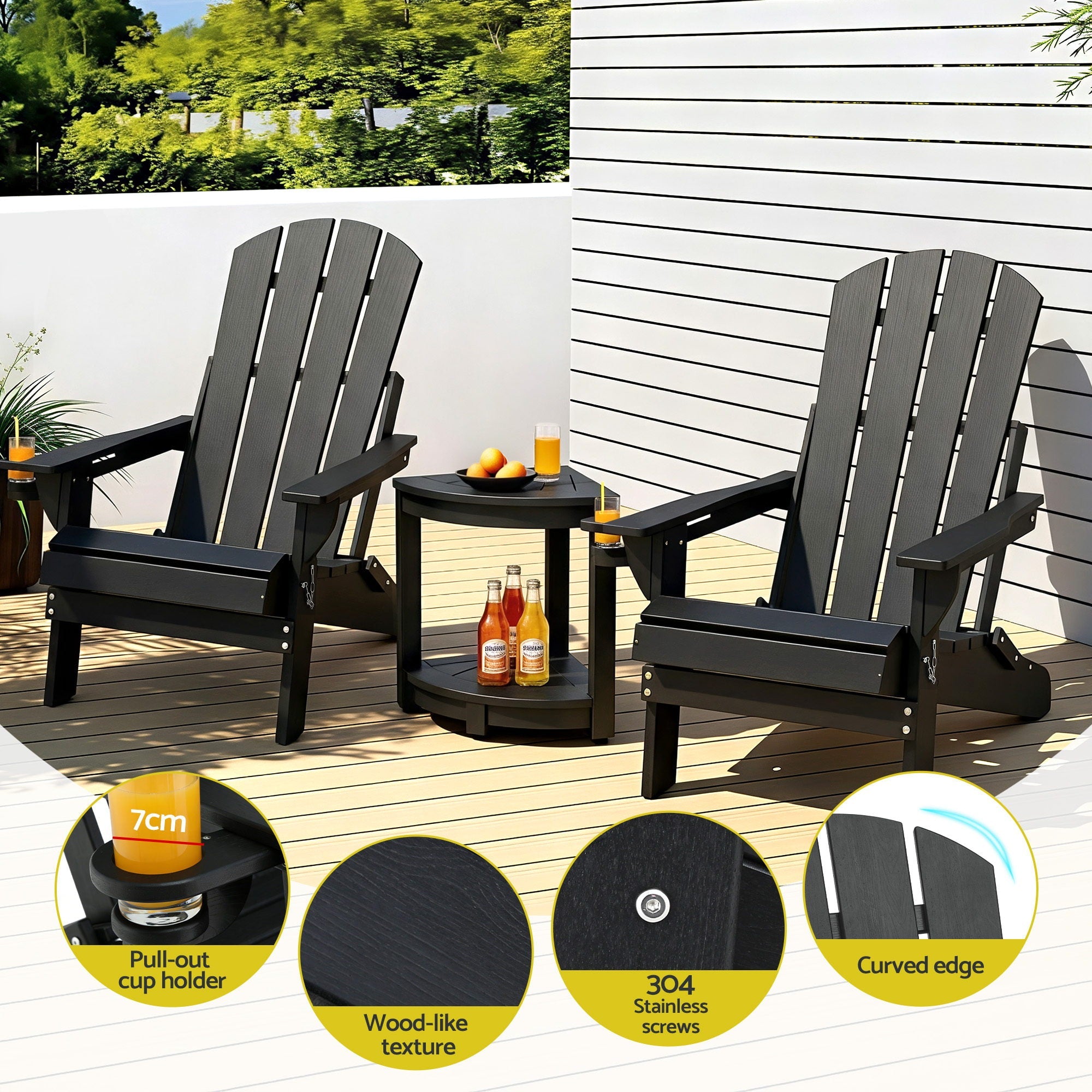Outdoor Table and Chairs HDPE Folding Adirondack Beach Chair Patio Furniture Black - Furniture > Outdoor > Outdoor Chairs - Rivercity House & Home Co. (ABN 18 642 972 209) - Affordable Modern Furniture Australia