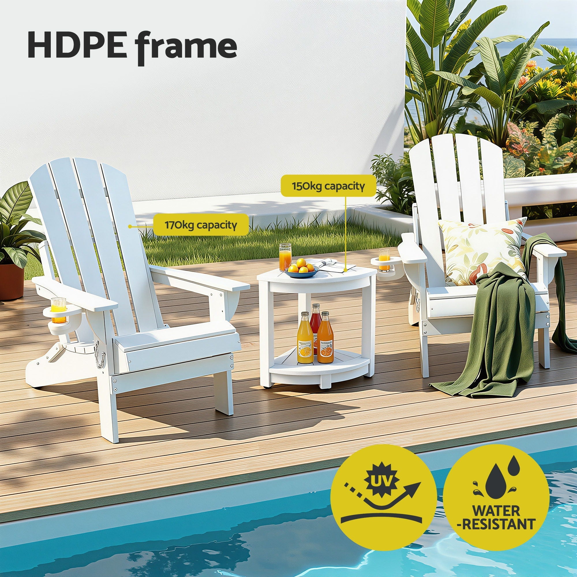 Outdoor Table and Chairs HDPE Folding Adirondack Beach Chair Patio Furniture White - Furniture > Outdoor > Outdoor Chairs - Rivercity House & Home Co. (ABN 18 642 972 209) - Affordable Modern Furniture Australia
