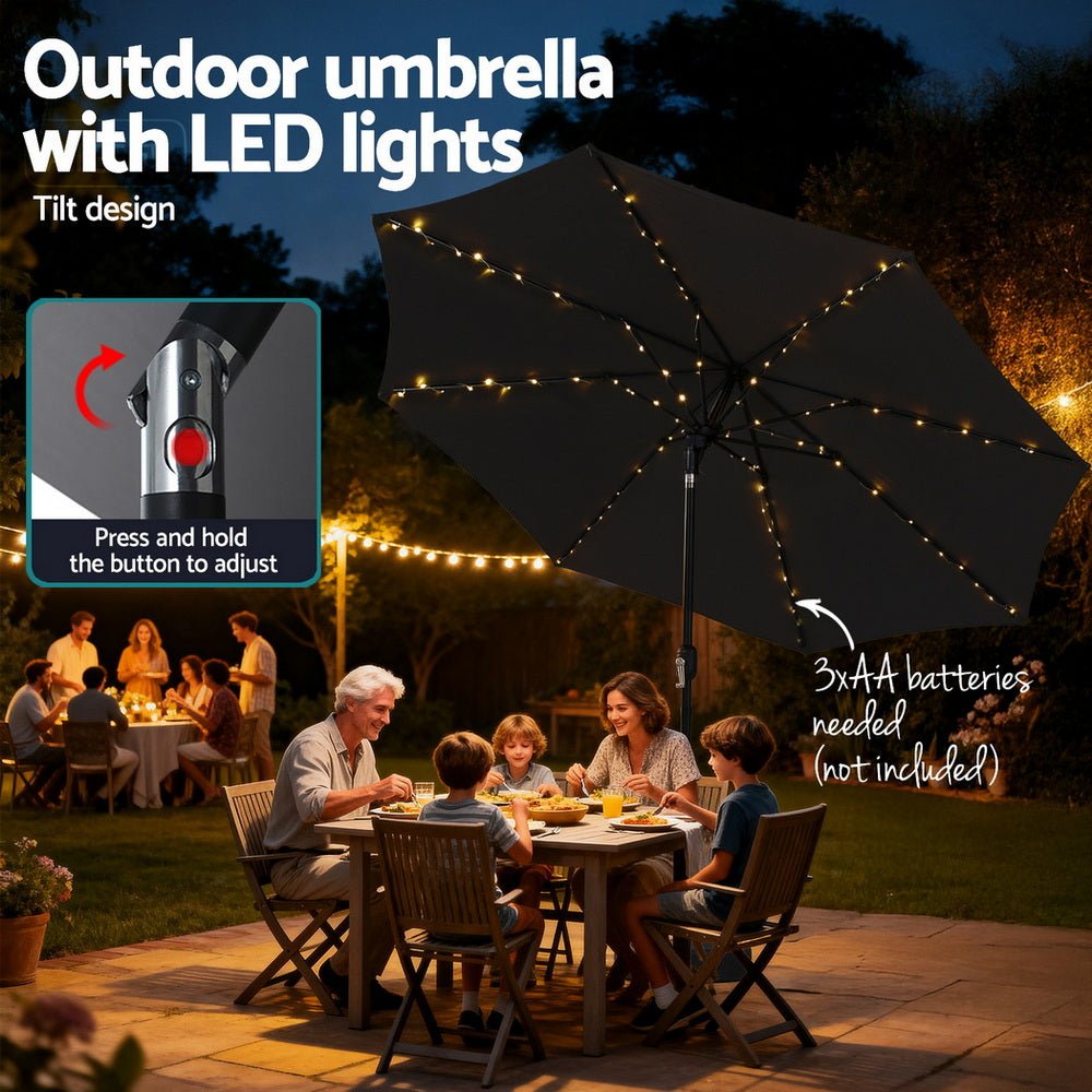 Outdoor Umbrella 2.9m Market Umbrella with Base String Light Black - Home & Garden > Shading > Umbrellas & Sunshades - Rivercity House & Home Co. (ABN 18 642 972 209) - Affordable Modern Furniture Australia
