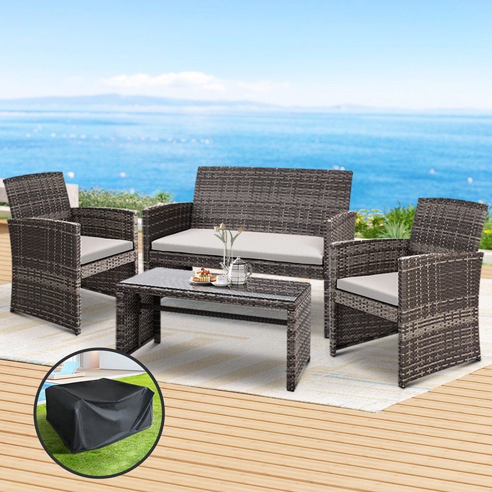 Outdoor Wicker Lounge Setting Mixed Grey - With Storage Cover - Rivercity House & Home Co. (ABN 18 642 972 209) - Affordable Modern Furniture Australia