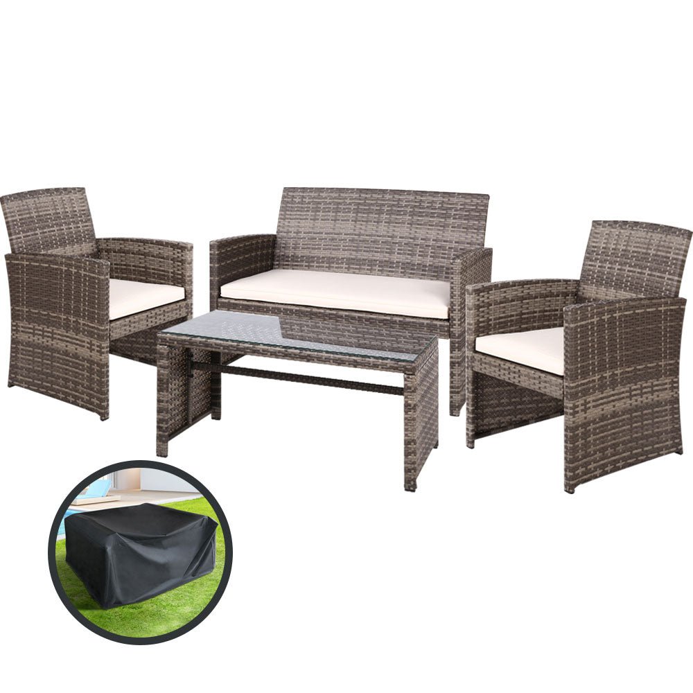 Outdoor Wicker Lounge Setting Mixed Grey - With Storage Cover - Rivercity House & Home Co. (ABN 18 642 972 209) - Affordable Modern Furniture Australia
