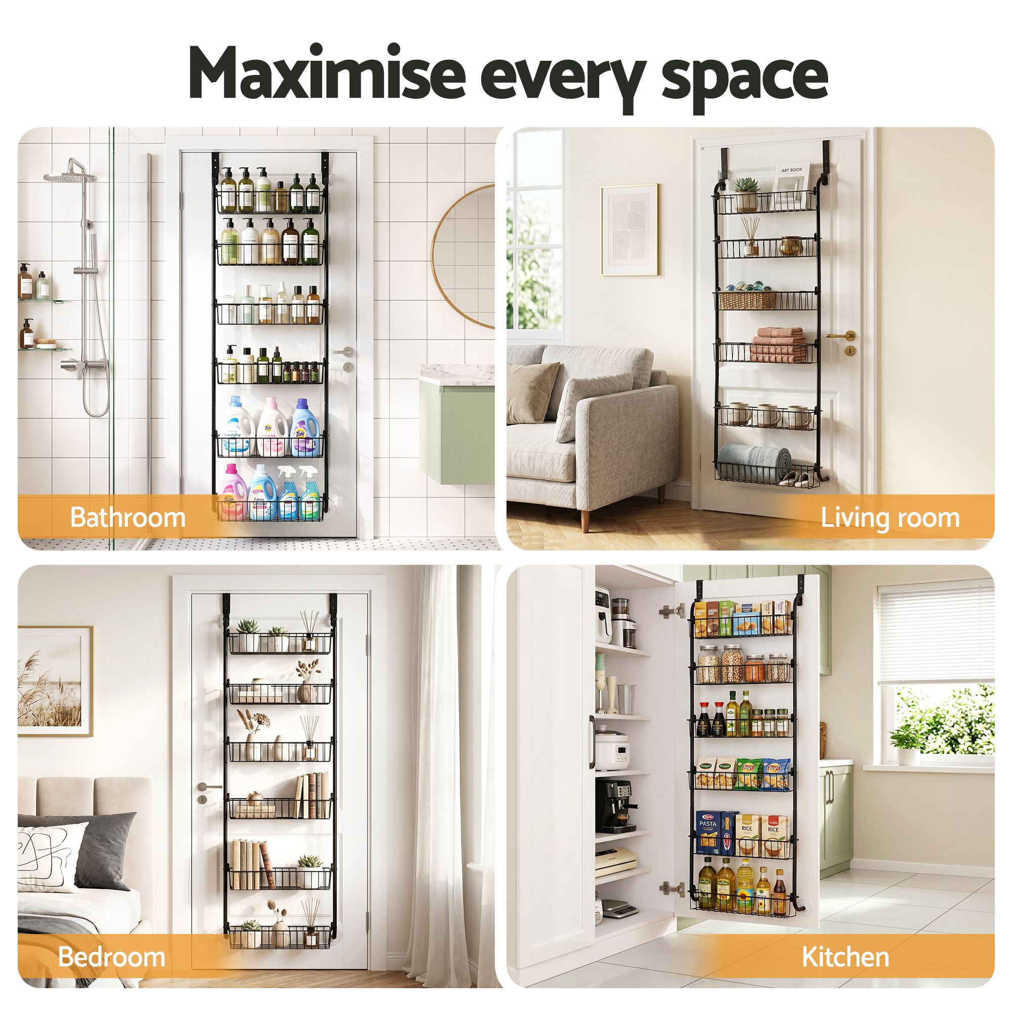Over Door Storage Hanger Pantry 6 - Tier Metal Hook Hanging Organiser Black - Tools > Tools Storage > Wall Storage Racks - Rivercity House & Home Co. (ABN 18 642 972 209) - Affordable Modern Furniture Australia