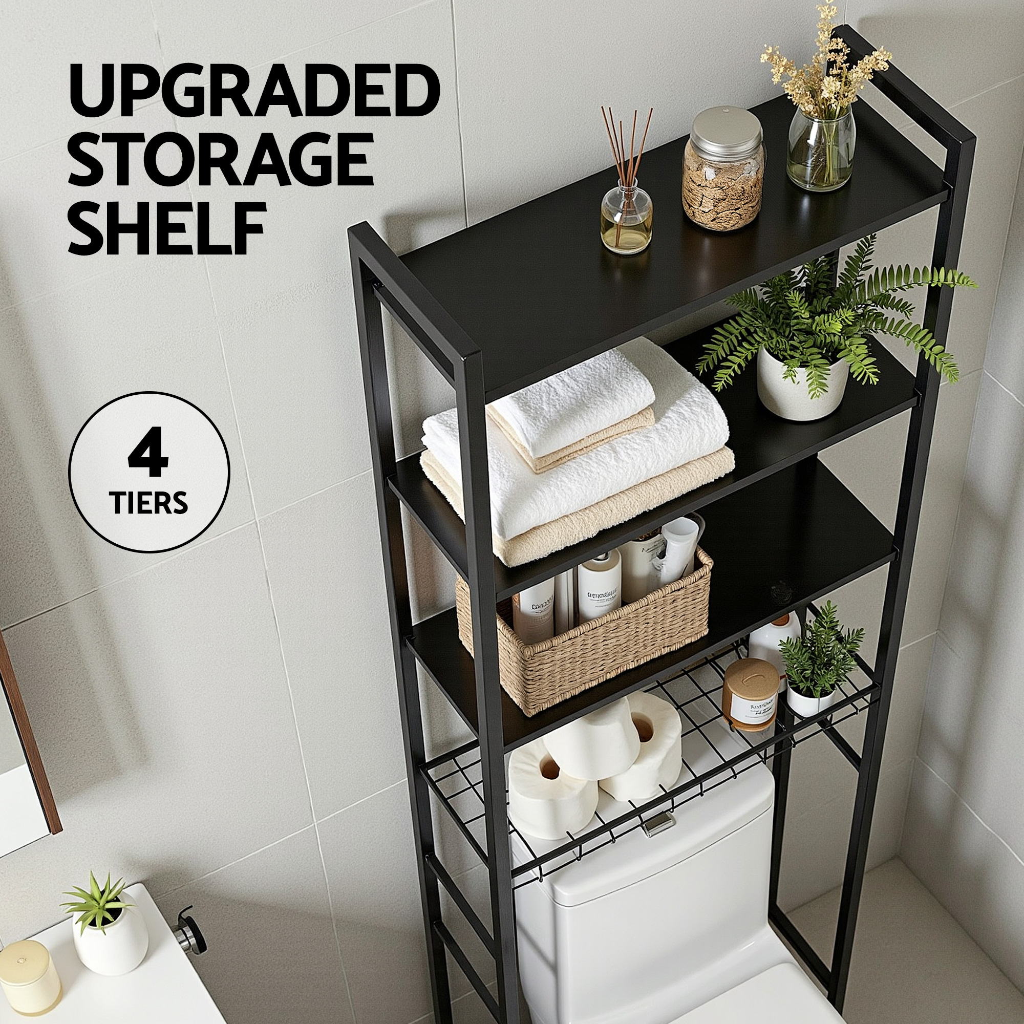 Over Toilet Bathroom Storage Rack Space Saving 4 Tier Organiser White - Furniture > Bathroom > Bathroom Cabinets, Cupboards & Storage - Rivercity House & Home Co. (ABN 18 642 972 209) - Affordable Modern Furniture Australia