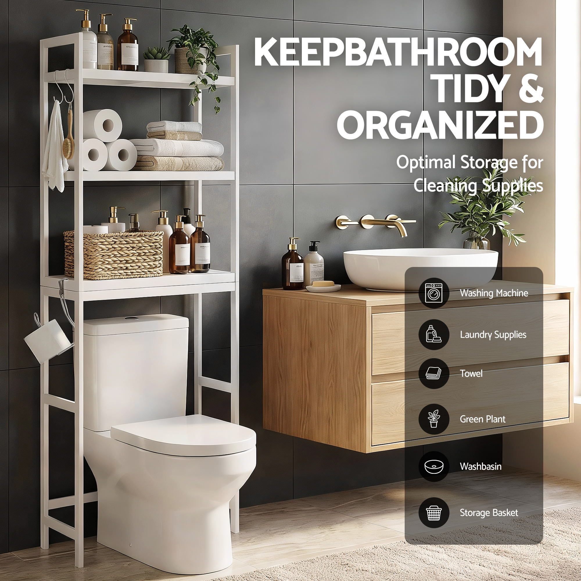 Over Toilet Storage Bathroom Rack Space Saving 3 Tier Organiser White - Furniture > Bathroom > Bathroom Cabinets, Cupboards & Storage - Rivercity House & Home Co. (ABN 18 642 972 209) - Affordable Modern Furniture Australia