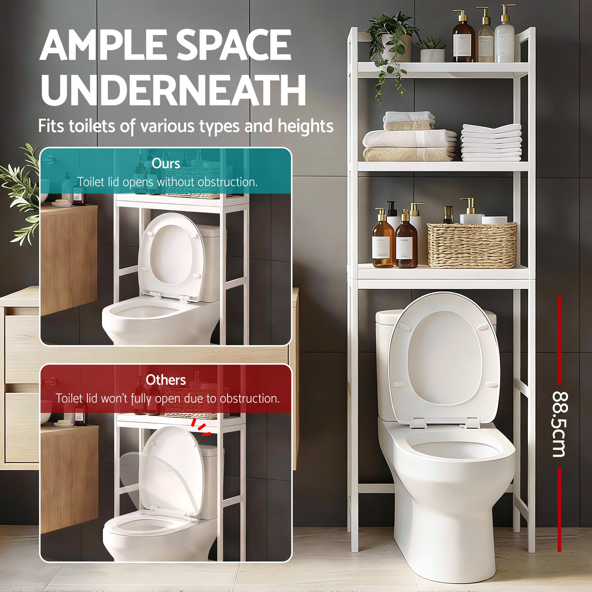 Over Toilet Storage Bathroom Rack Space Saving 3 Tier Organiser White - Furniture > Bathroom > Bathroom Cabinets, Cupboards & Storage - Rivercity House & Home Co. (ABN 18 642 972 209) - Affordable Modern Furniture Australia