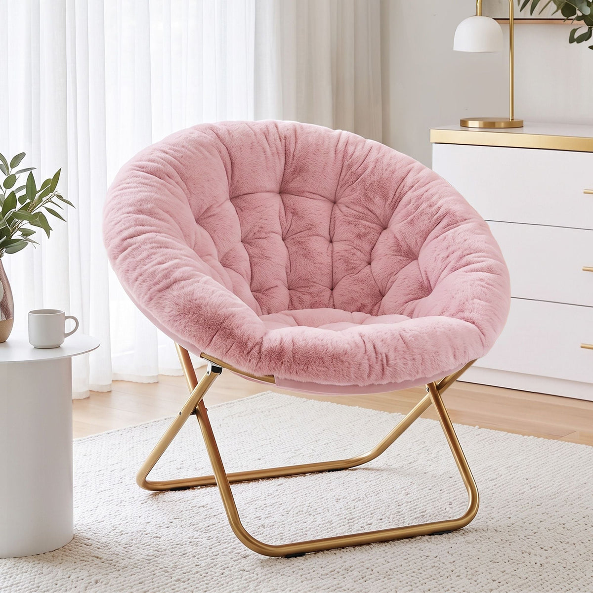 Oversized Foldable Plush Saucer Chair with Gold Frame - Pink - Furniture > Bar Stools & Chairs > Arm Chairs & Recliners - Rivercity House & Home Co. (ABN 18 642 972 209) - Affordable Modern Furniture Australia