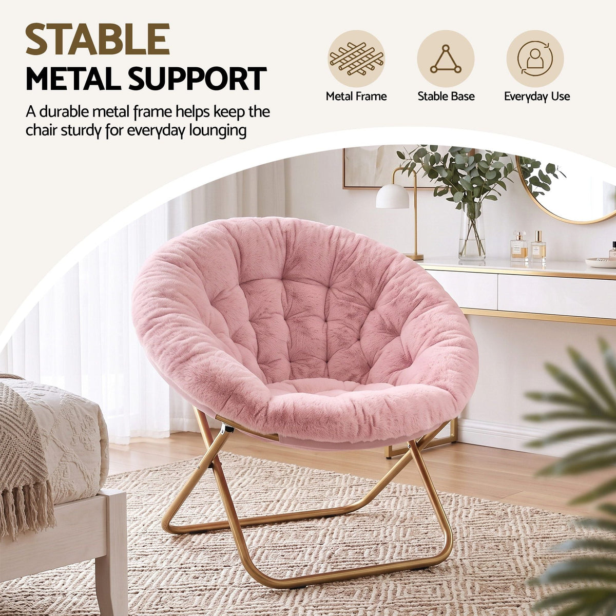 Oversized Foldable Plush Saucer Chair with Gold Frame - Pink - Furniture > Bar Stools & Chairs > Arm Chairs & Recliners - Rivercity House & Home Co. (ABN 18 642 972 209) - Affordable Modern Furniture Australia