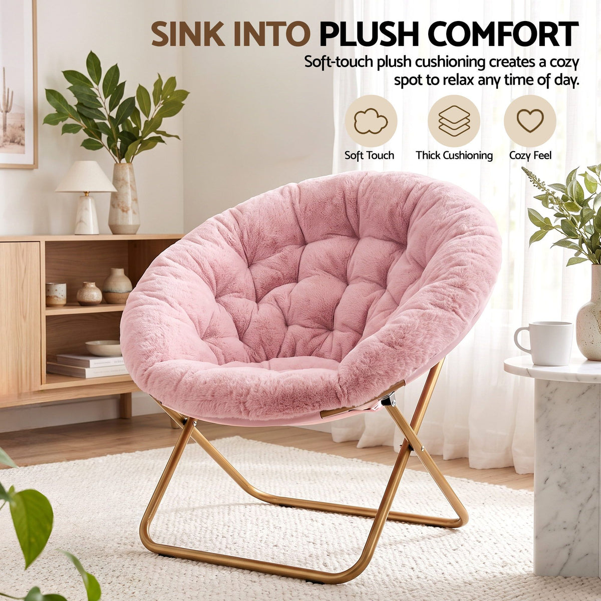 Oversized Foldable Plush Saucer Chair with Gold Frame - Pink - Furniture > Bar Stools & Chairs > Arm Chairs & Recliners - Rivercity House & Home Co. (ABN 18 642 972 209) - Affordable Modern Furniture Australia