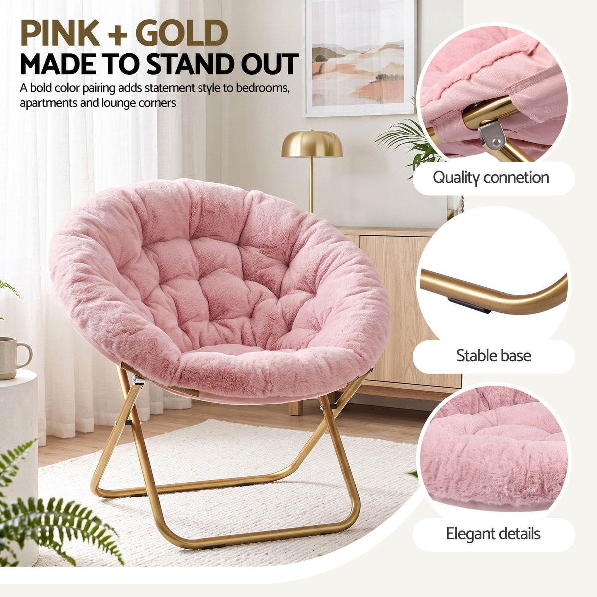 Oversized Foldable Plush Saucer Chair with Gold Frame - Pink - Furniture > Bar Stools & Chairs > Arm Chairs & Recliners - Rivercity House & Home Co. (ABN 18 642 972 209) - Affordable Modern Furniture Australia