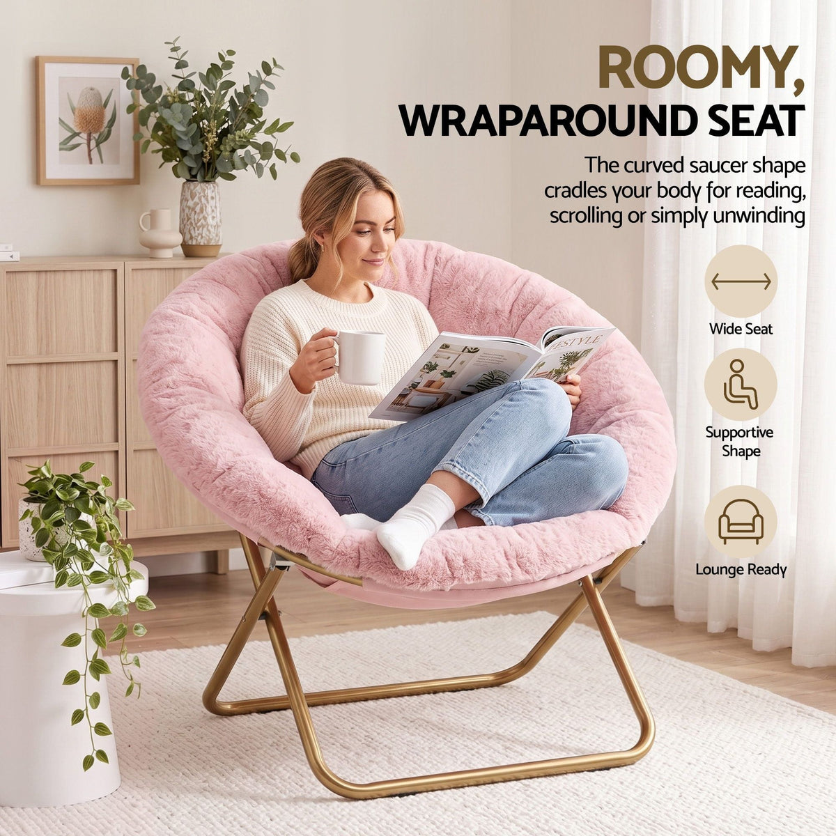 Oversized Foldable Plush Saucer Chair with Gold Frame - Pink - Furniture > Bar Stools & Chairs > Arm Chairs & Recliners - Rivercity House & Home Co. (ABN 18 642 972 209) - Affordable Modern Furniture Australia