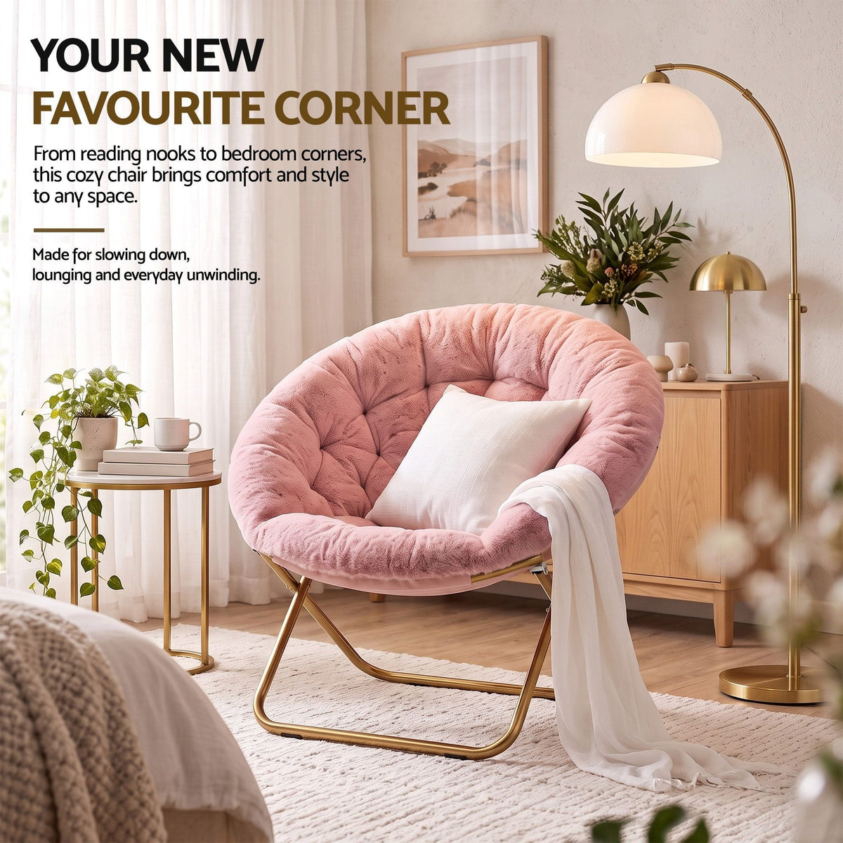 Oversized Foldable Plush Saucer Chair with Gold Frame - Pink - Furniture > Bar Stools & Chairs > Arm Chairs & Recliners - Rivercity House & Home Co. (ABN 18 642 972 209) - Affordable Modern Furniture Australia