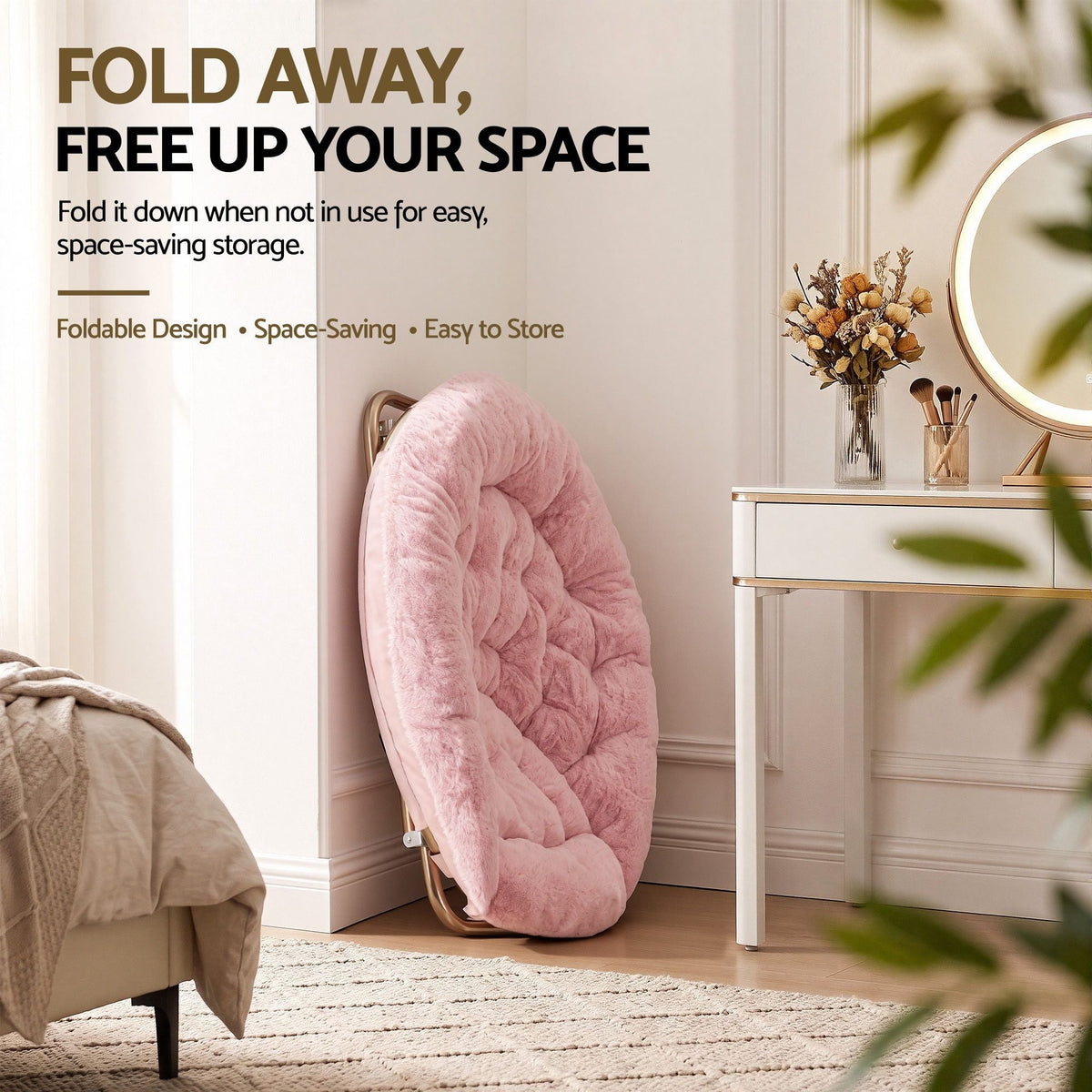 Oversized Foldable Plush Saucer Chair with Gold Frame - Pink - Furniture > Bar Stools & Chairs > Arm Chairs & Recliners - Rivercity House & Home Co. (ABN 18 642 972 209) - Affordable Modern Furniture Australia