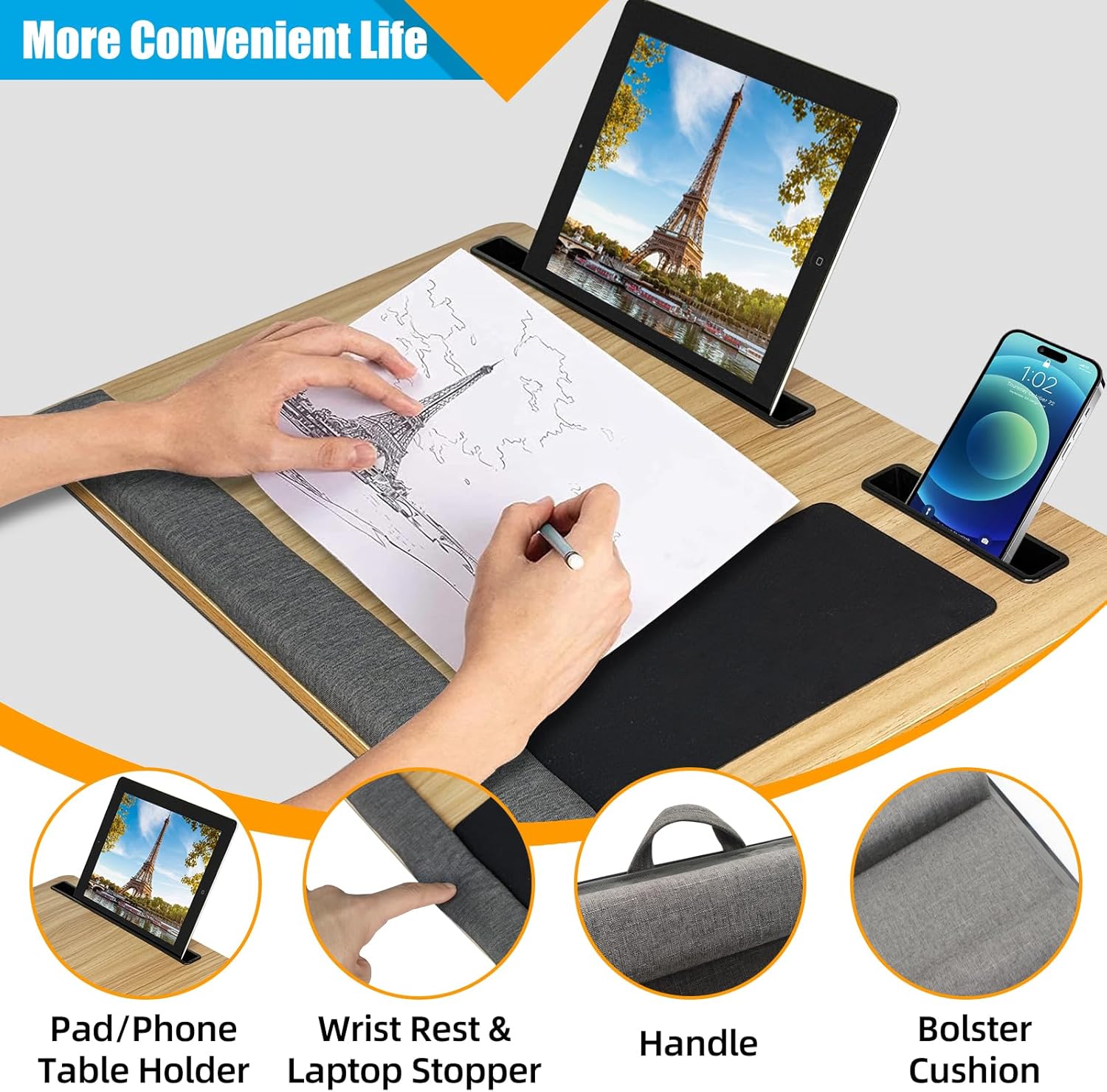 Oversized Portable Lap Desk with Cushion,Mouse Pad, Tablet and Phone Holder which Fits Up to 17 Inch Laptops for Bed or Sofa (Brown) - Home & Garden > Home Office Accessories > Desk Accessories - Rivercity House & Home Co. (ABN 18 642 972 209) - Affordable Modern Furniture Australia