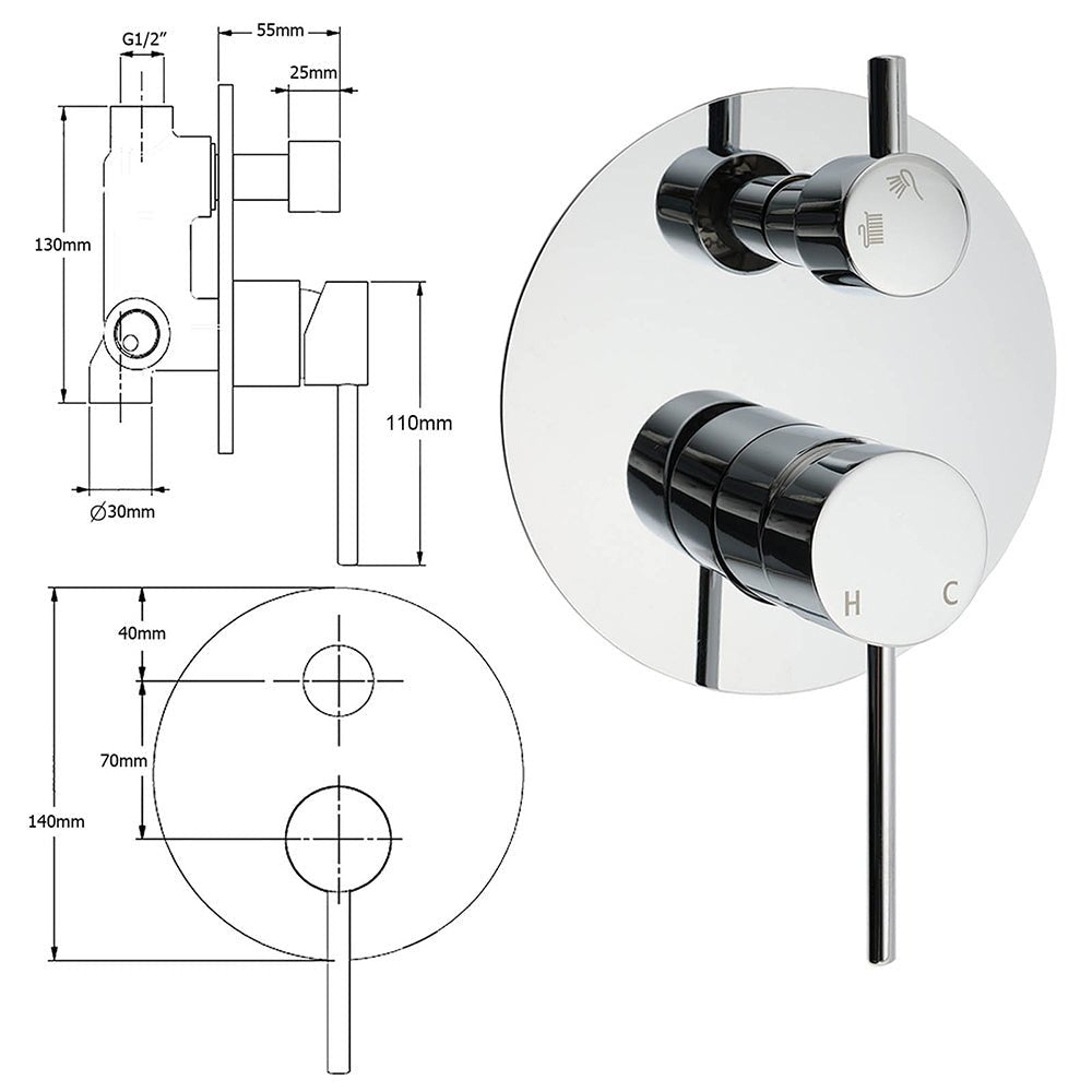 OZ Chrome Round Stainless Steel Shower Mixer 2 Way Switch Diverter For Bath Set - Furniture > Bathroom > Shower Heads & Screens - Rivercity House & Home Co. (ABN 18 642 972 209) - Affordable Modern Furniture Australia