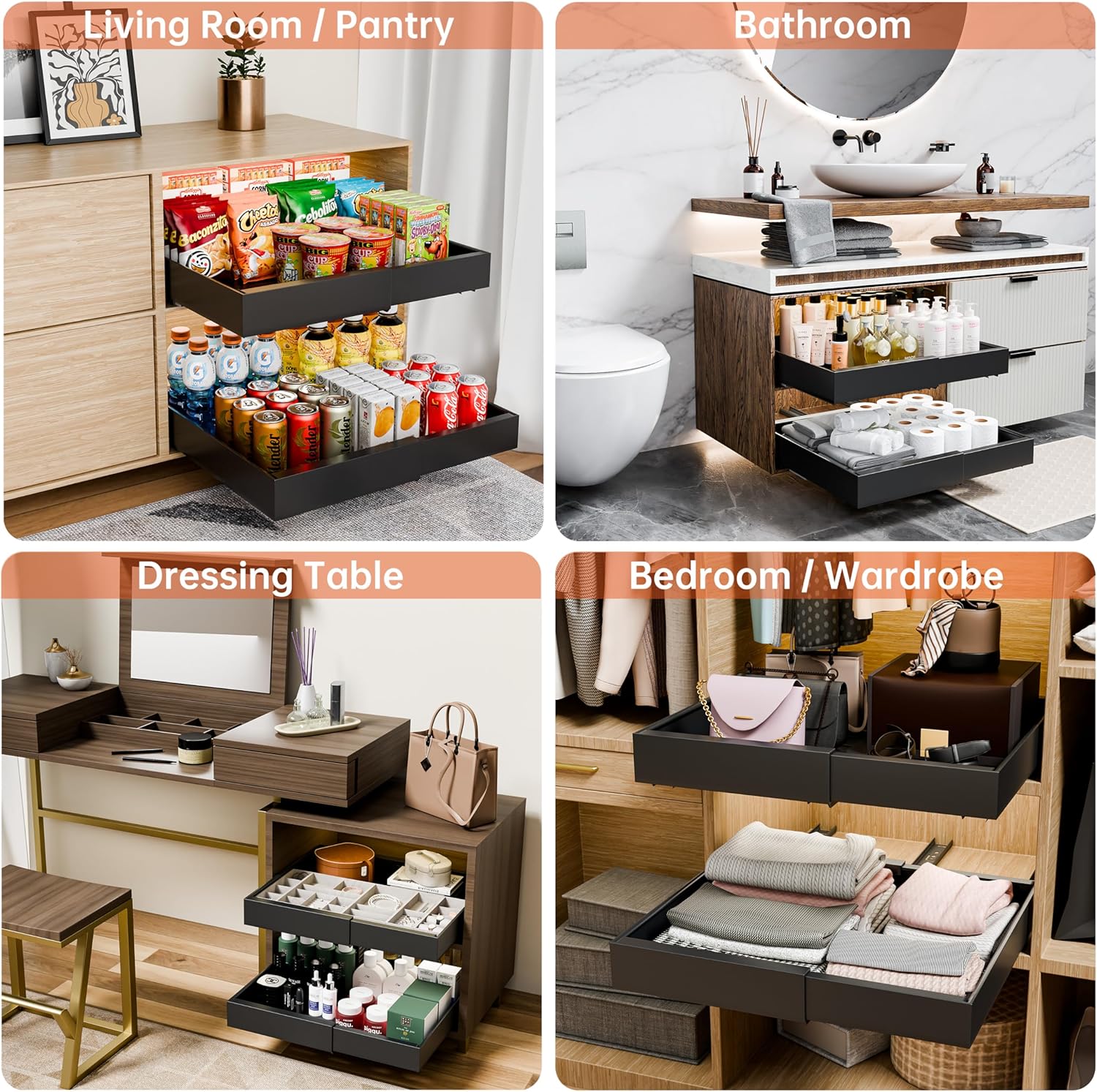 Pack Pull Out Cabinet Organizer Expandable for Cabinets with Adjustable Slide Out Shelves and Easy Installation (Black) - Home & Garden > Home Office Accessories > Desk Accessories - Rivercity House & Home Co. (ABN 18 642 972 209) - Affordable Modern Furniture Australia