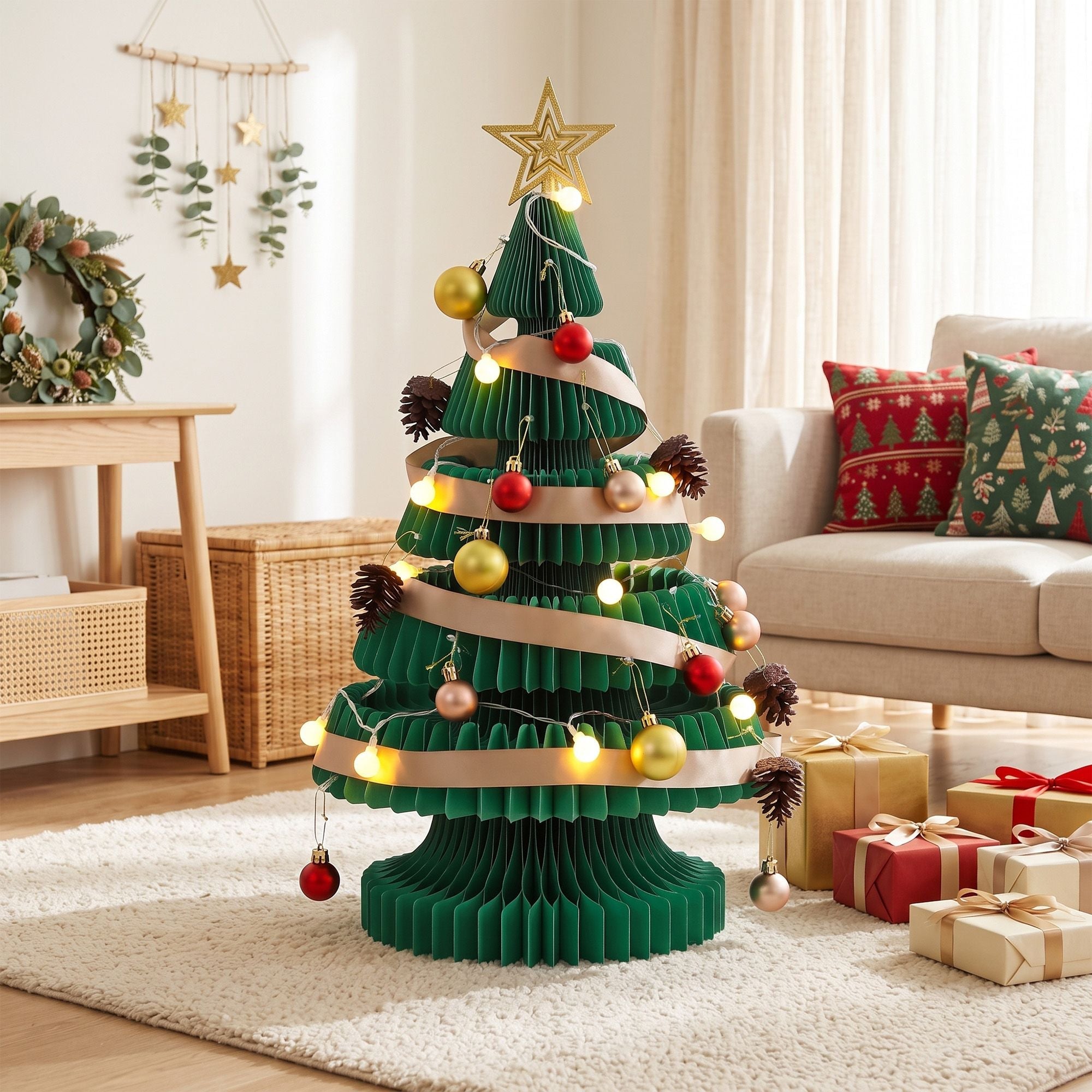 Paper Christmas Tree 62CM w/ Star Topper LEDs Xmas Decorations Kit Home Office Green - Occasions > Christmas > Christmas Trees - Rivercity House & Home Co. (ABN 18 642 972 209) - Affordable Modern Furniture Australia