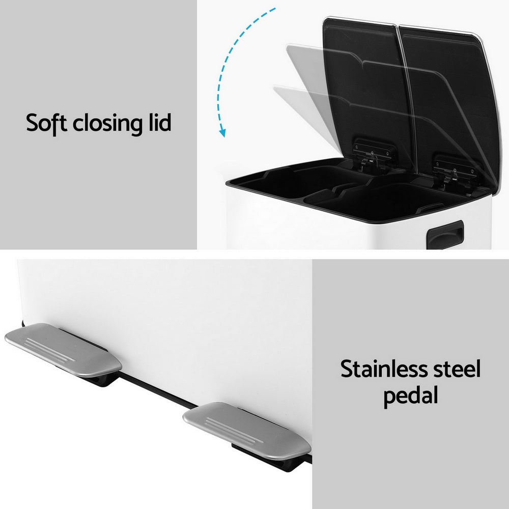 Pedal Bins Rubbish Bin Dual Compartment Waste Recycle Dustbins 40L White - Home & Garden > Kitchen Bins > Pedal Bins - Rivercity House & Home Co. (ABN 18 642 972 209) - Affordable Modern Furniture Australia