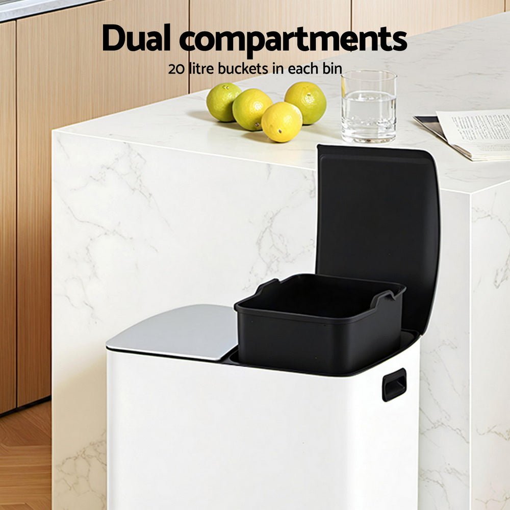 Pedal Bins Rubbish Bin Dual Compartment Waste Recycle Dustbins 40L White - Home & Garden > Kitchen Bins > Pedal Bins - Rivercity House & Home Co. (ABN 18 642 972 209) - Affordable Modern Furniture Australia