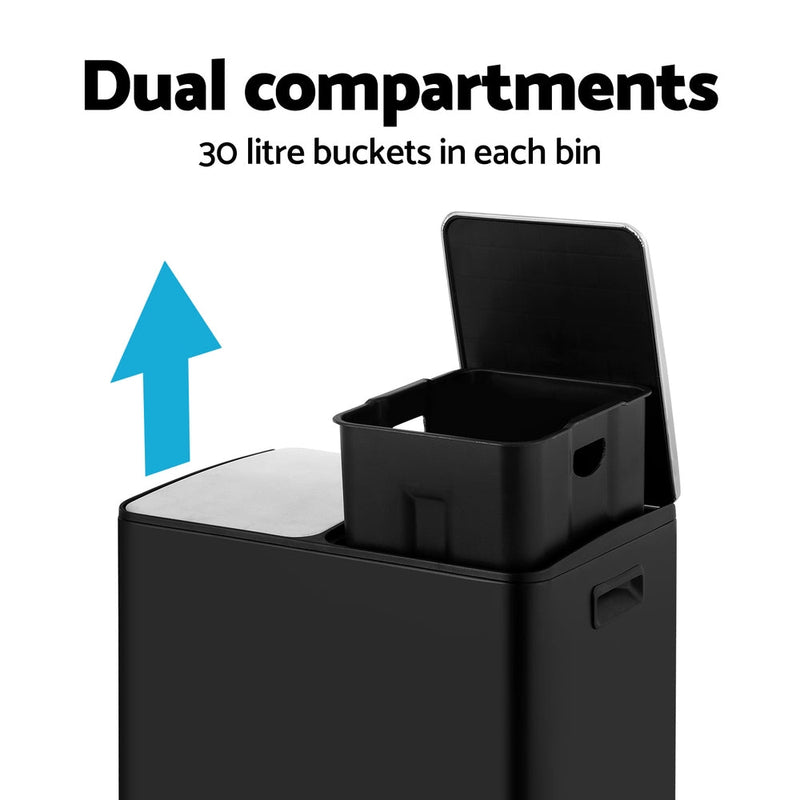 Pedal Bins Rubbish Bin Dual Compartment Waste Recycle Dustbins 60L Black - Home & Garden > Kitchen Bins - Rivercity House & Home Co. (ABN 18 642 972 209) - Affordable Modern Furniture Australia