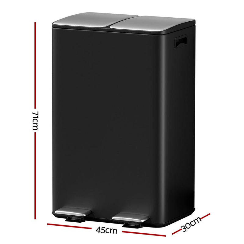 Pedal Bins Rubbish Bin Dual Compartment Waste Recycle Dustbins 60L Black - Home & Garden > Kitchen Bins - Rivercity House & Home Co. (ABN 18 642 972 209) - Affordable Modern Furniture Australia