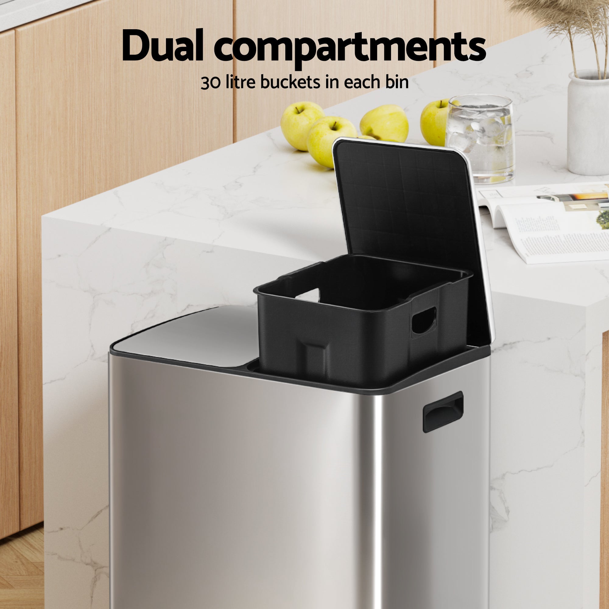 Pedal Bins Rubbish Bin Dual Compartment Waste Recycle Dustbins 60L Silver - Home & Garden > Kitchen Bins > Pedal Bins - Rivercity House & Home Co. (ABN 18 642 972 209) - Affordable Modern Furniture Australia