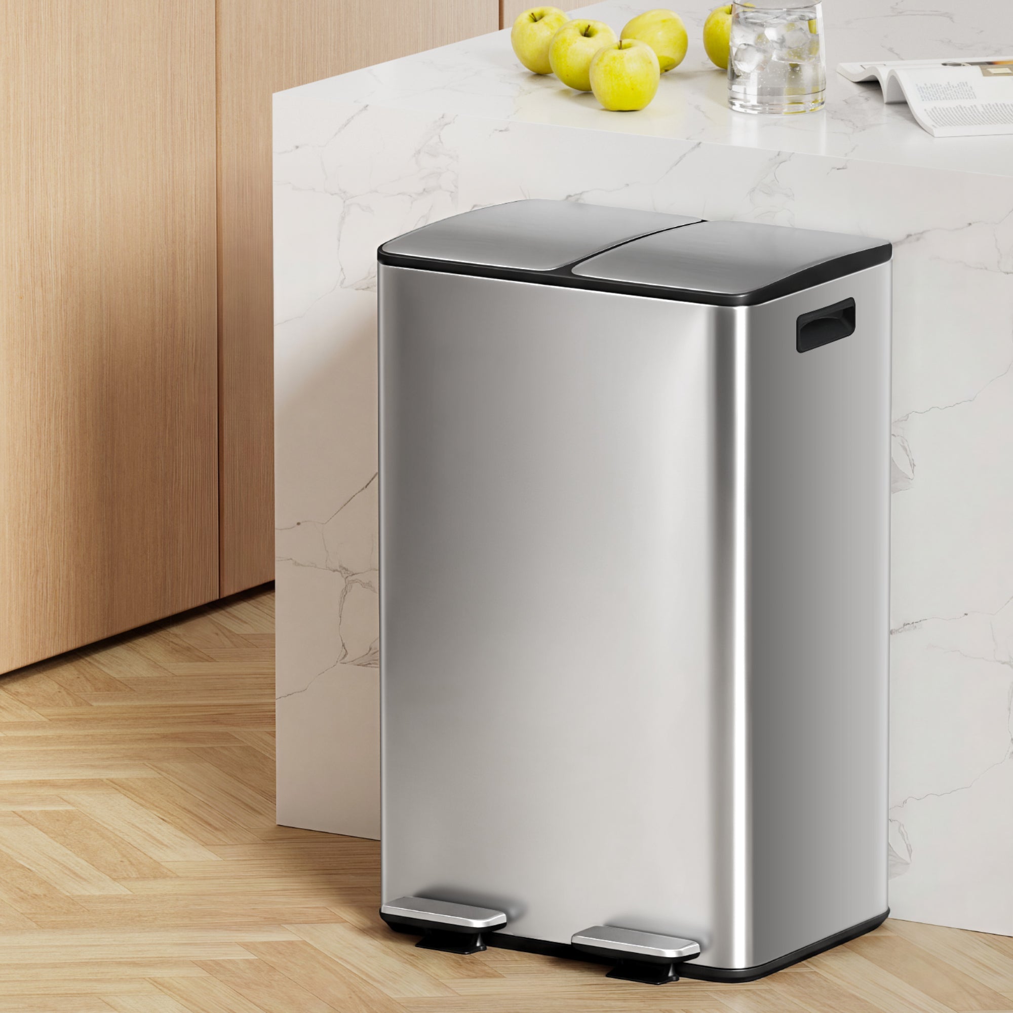 Pedal Bins Rubbish Bin Dual Compartment Waste Recycle Dustbins 60L Silver - Home & Garden > Kitchen Bins > Pedal Bins - Rivercity House & Home Co. (ABN 18 642 972 209) - Affordable Modern Furniture Australia