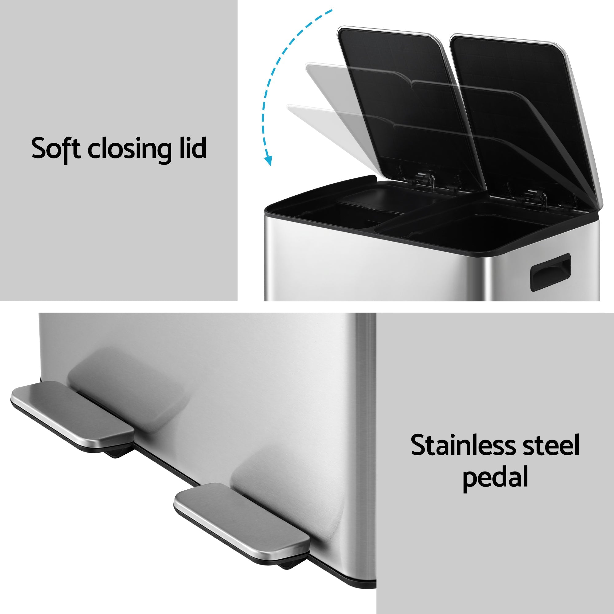 Pedal Bins Rubbish Bin Dual Compartment Waste Recycle Dustbins 60L Silver - Home & Garden > Kitchen Bins > Pedal Bins - Rivercity House & Home Co. (ABN 18 642 972 209) - Affordable Modern Furniture Australia