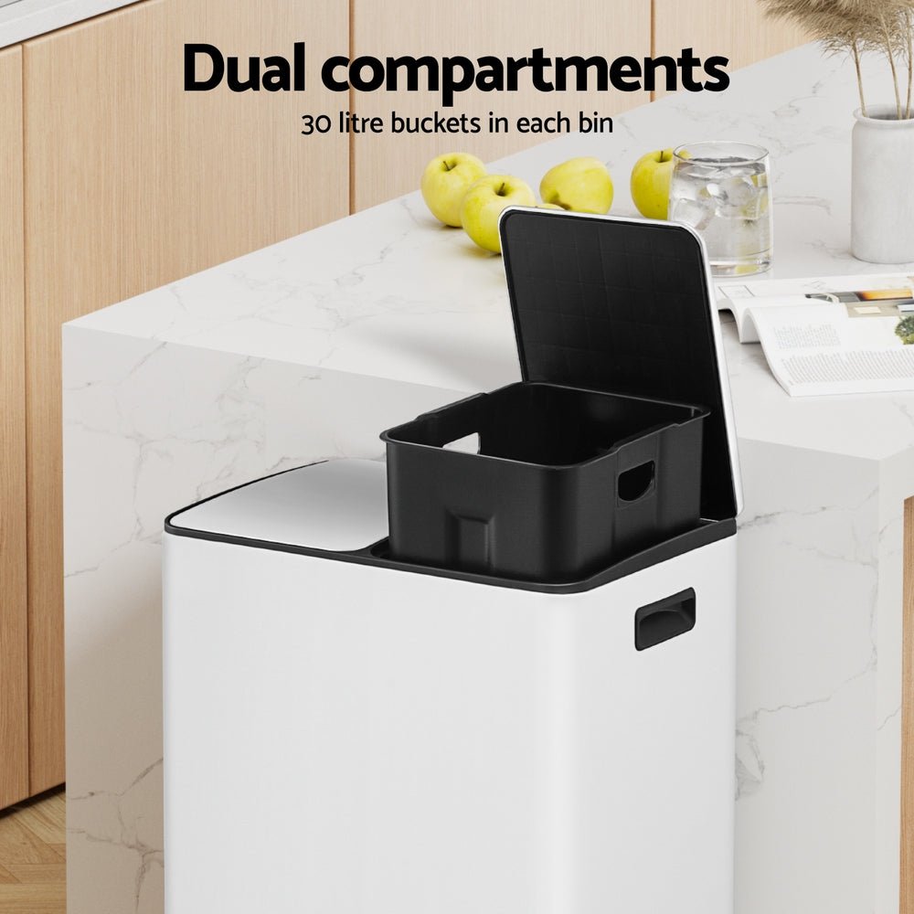 Pedal Bins Rubbish Bin Dual Compartment Waste Recycle Dustbins 60L White - Home & Garden > Kitchen Bins > Pedal Bins - Rivercity House & Home Co. (ABN 18 642 972 209) - Affordable Modern Furniture Australia