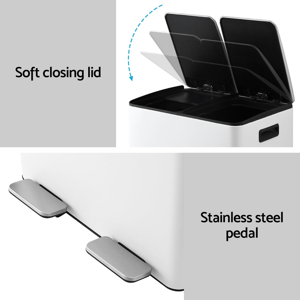 Pedal Bins Rubbish Bin Dual Compartment Waste Recycle Dustbins 60L White - Home & Garden > Kitchen Bins > Pedal Bins - Rivercity House & Home Co. (ABN 18 642 972 209) - Affordable Modern Furniture Australia