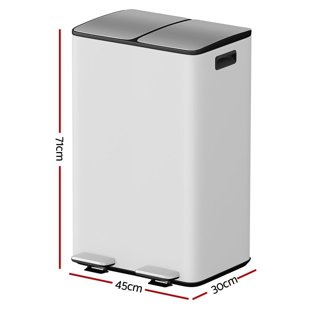 Pedal Bins Rubbish Bin Dual Compartment Waste Recycle Dustbins 60L White - Home & Garden > Kitchen Bins > Pedal Bins - Rivercity House & Home Co. (ABN 18 642 972 209) - Affordable Modern Furniture Australia