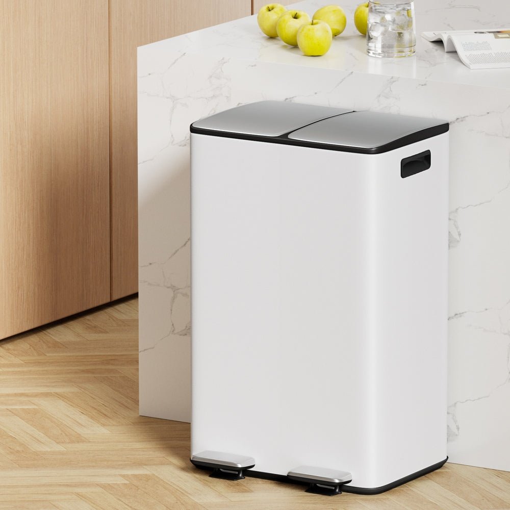 Pedal Bins Rubbish Bin Dual Compartment Waste Recycle Dustbins 60L White - Home & Garden > Kitchen Bins > Pedal Bins - Rivercity House & Home Co. (ABN 18 642 972 209) - Affordable Modern Furniture Australia