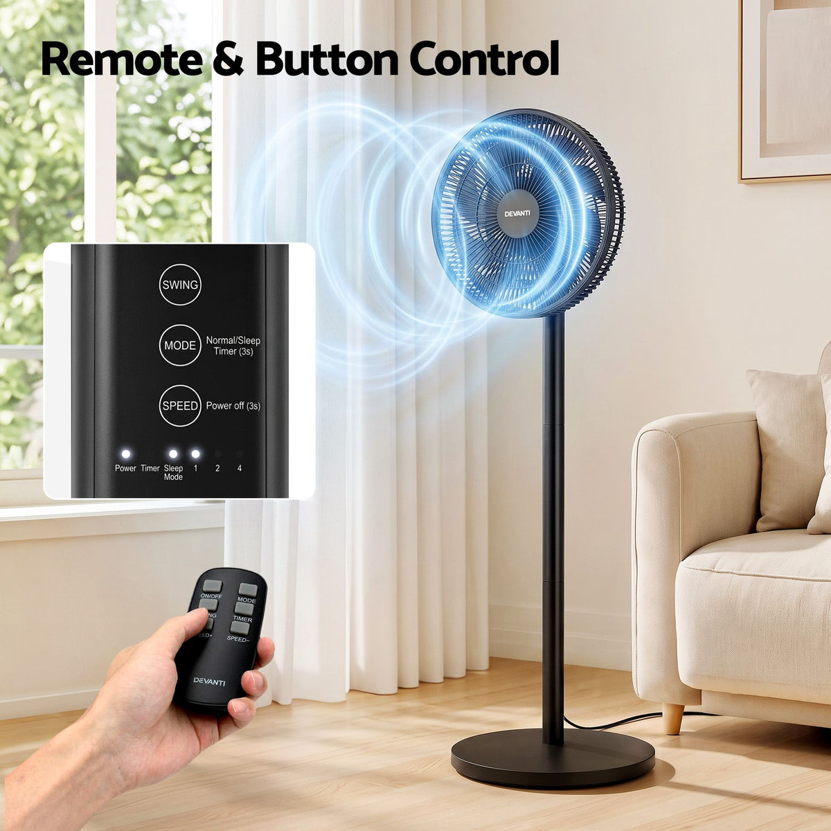 Pedestal Fan with Remote, 7 Speeds, 3 Heights, DC Motor - Black - Appliances > Fans > Portable Fans - Rivercity House & Home Co. (ABN 18 642 972 209) - Affordable Modern Furniture Australia