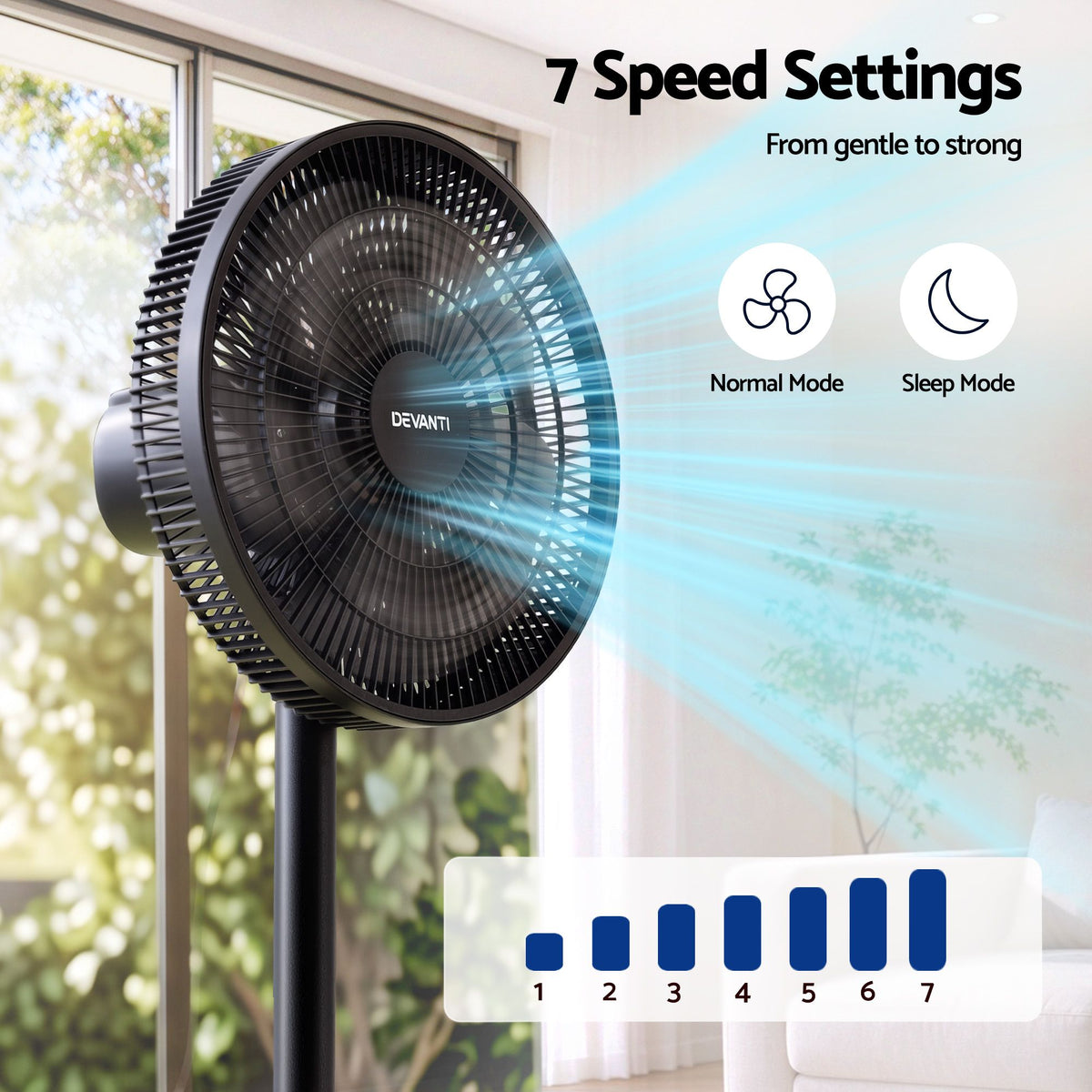 Pedestal Fan with Remote, 7 Speeds, 3 Heights, DC Motor - Black - Appliances > Fans > Portable Fans - Rivercity House & Home Co. (ABN 18 642 972 209) - Affordable Modern Furniture Australia