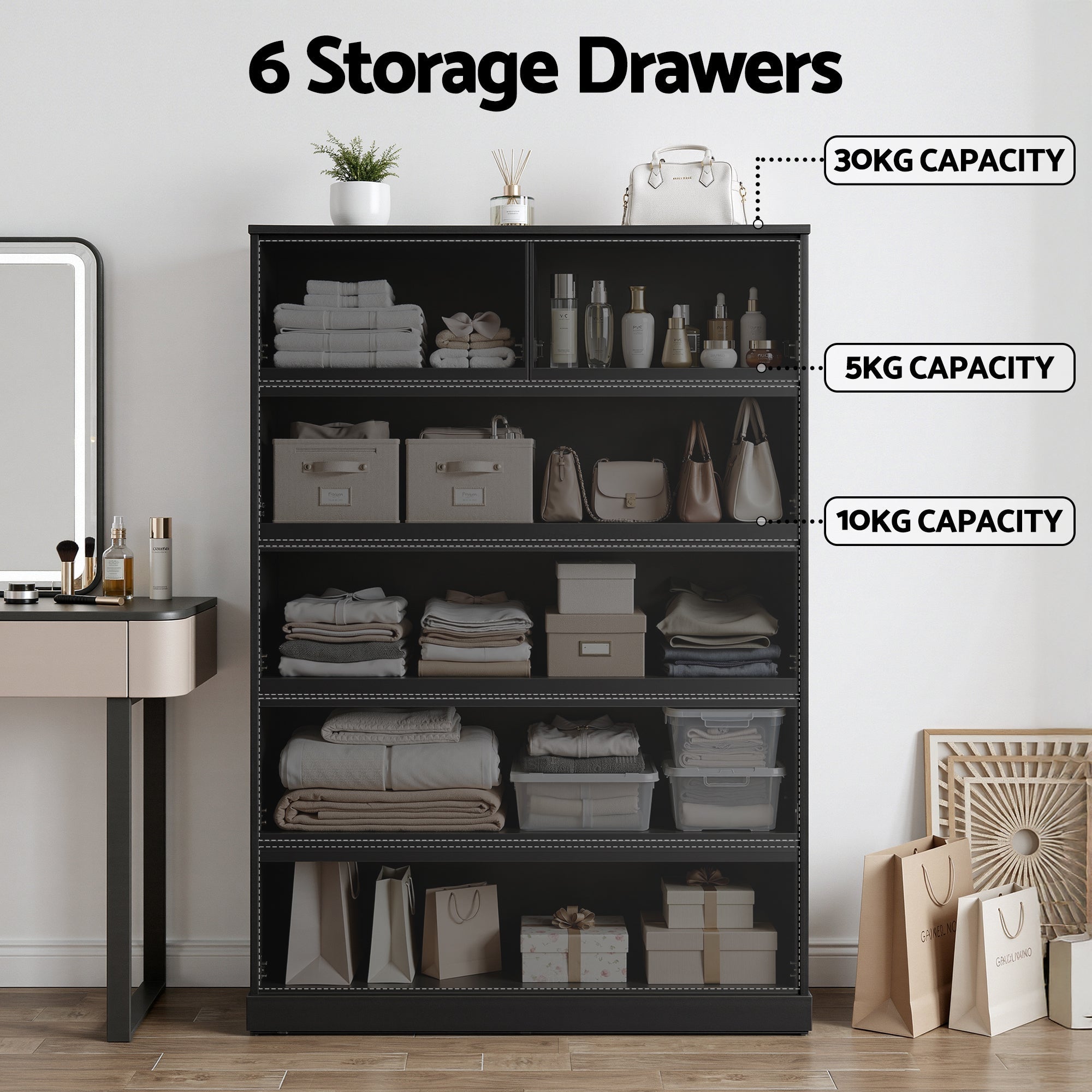 Pepe 6 - Drawer Tallboy Chest of Drawers - Black - Furniture > Bedroom > Dressers - Rivercity House & Home Co. (ABN 18 642 972 209) - Affordable Modern Furniture Australia