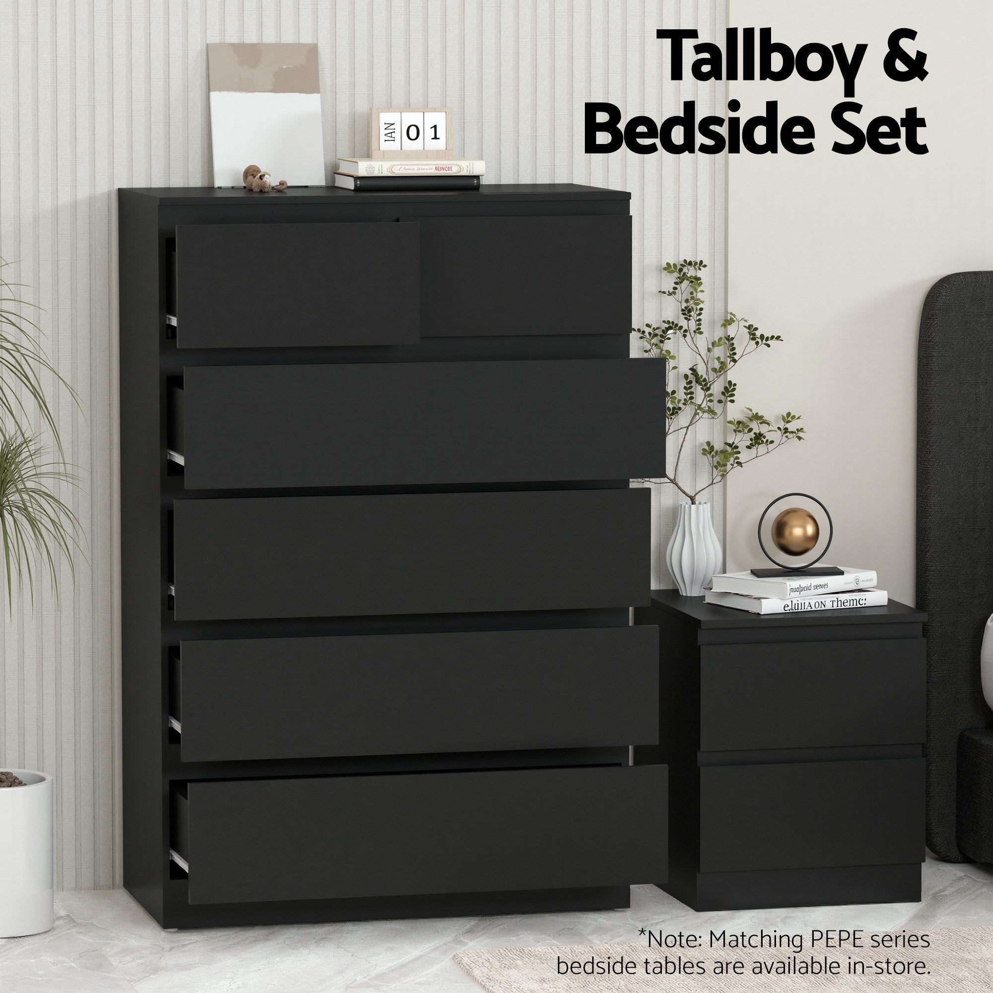 Pepe 6 - Drawer Tallboy Chest of Drawers - Black - Furniture > Bedroom > Dressers - Rivercity House & Home Co. (ABN 18 642 972 209) - Affordable Modern Furniture Australia